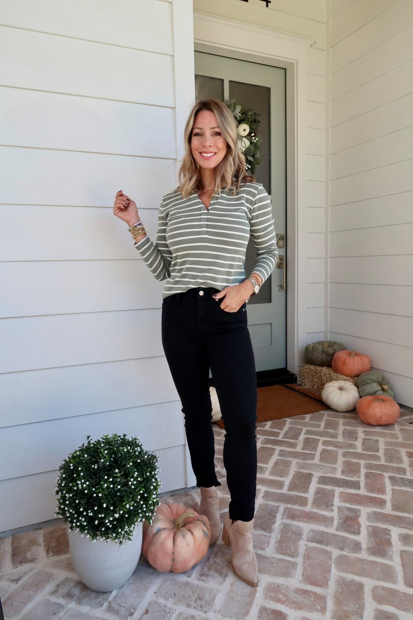 Striped Pullover, Jeans, Booties 
