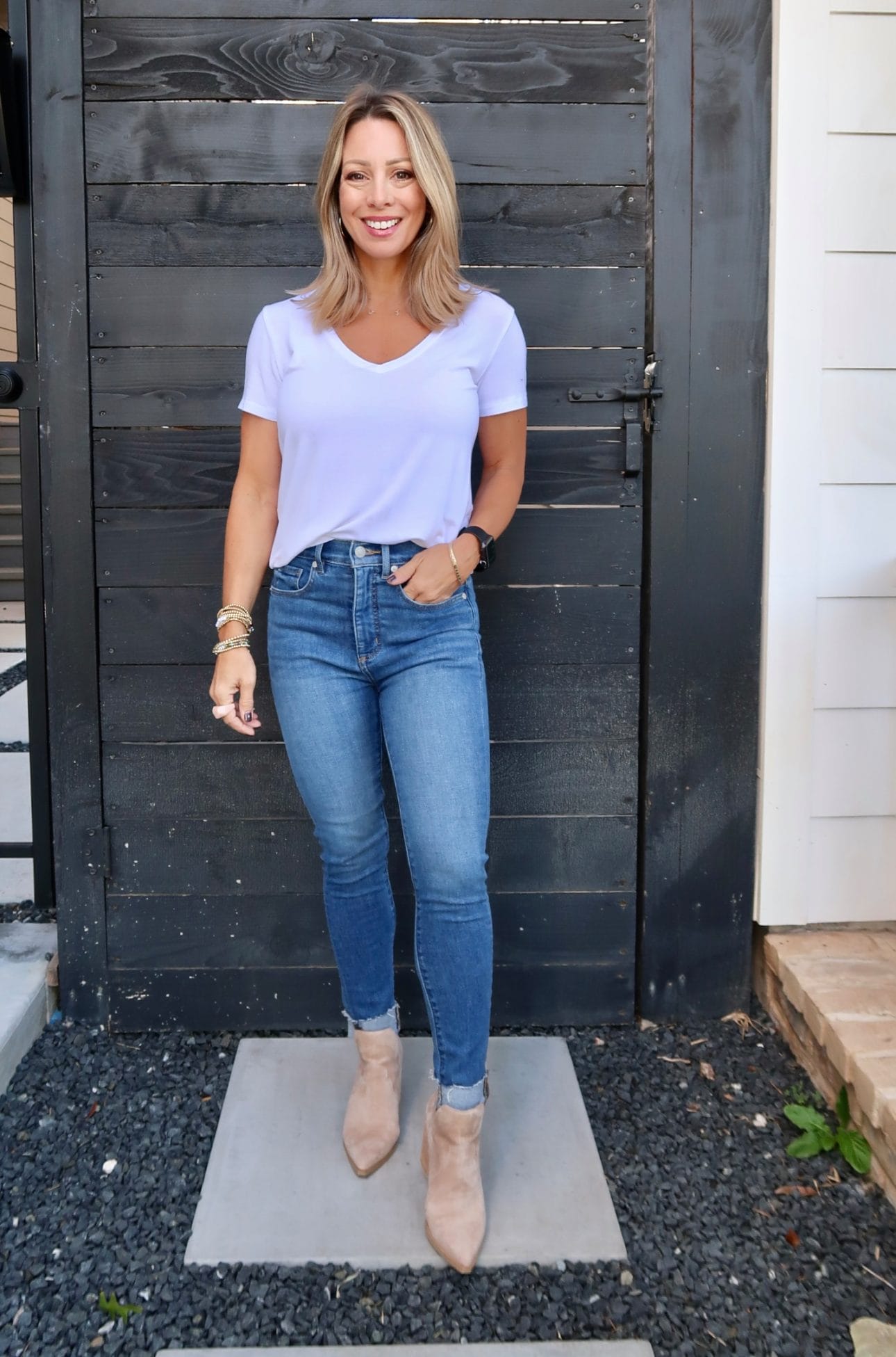 white tee, jeans, booties 