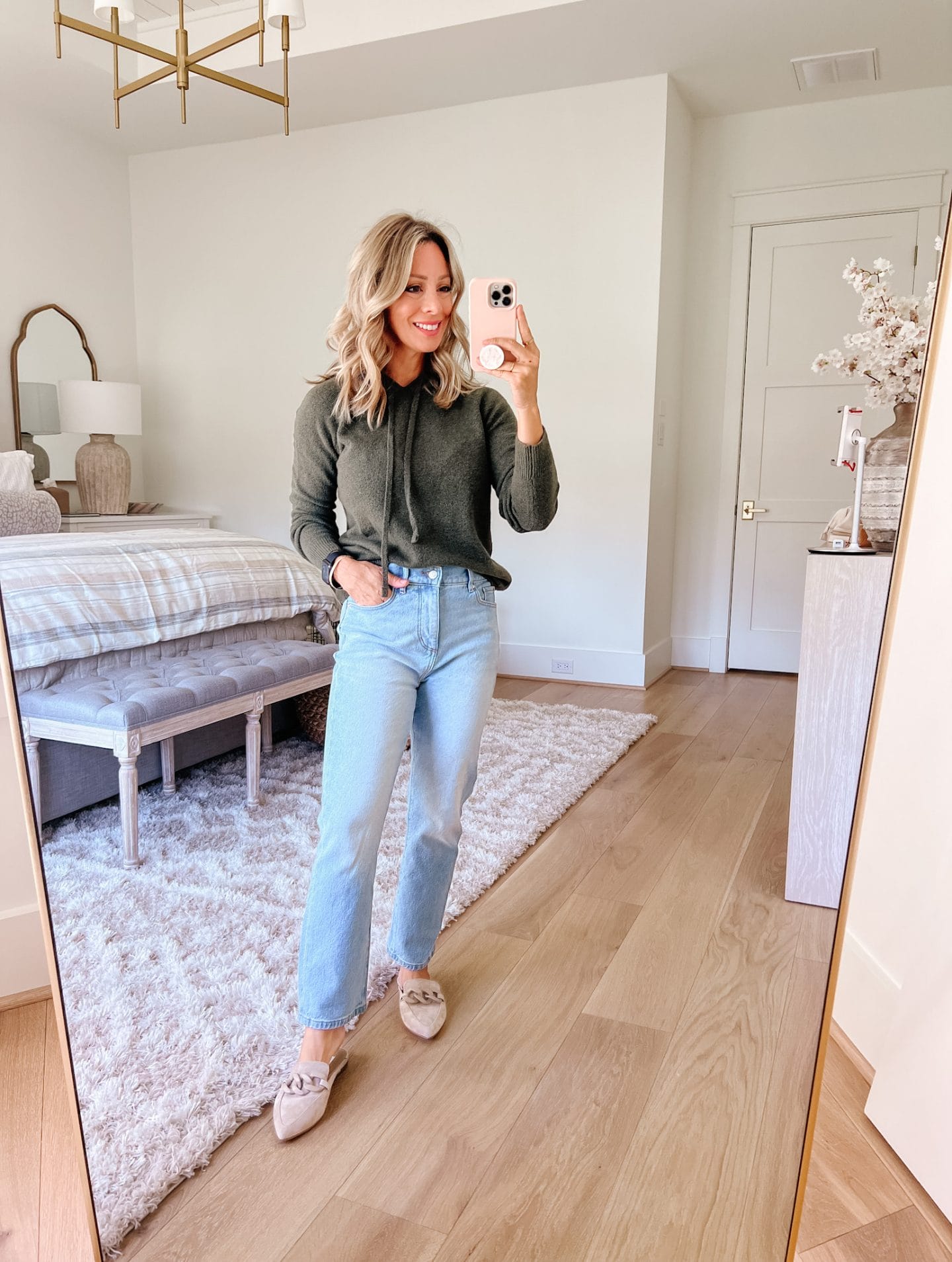 Olive Pullover Sweater, Jeans, Mules 