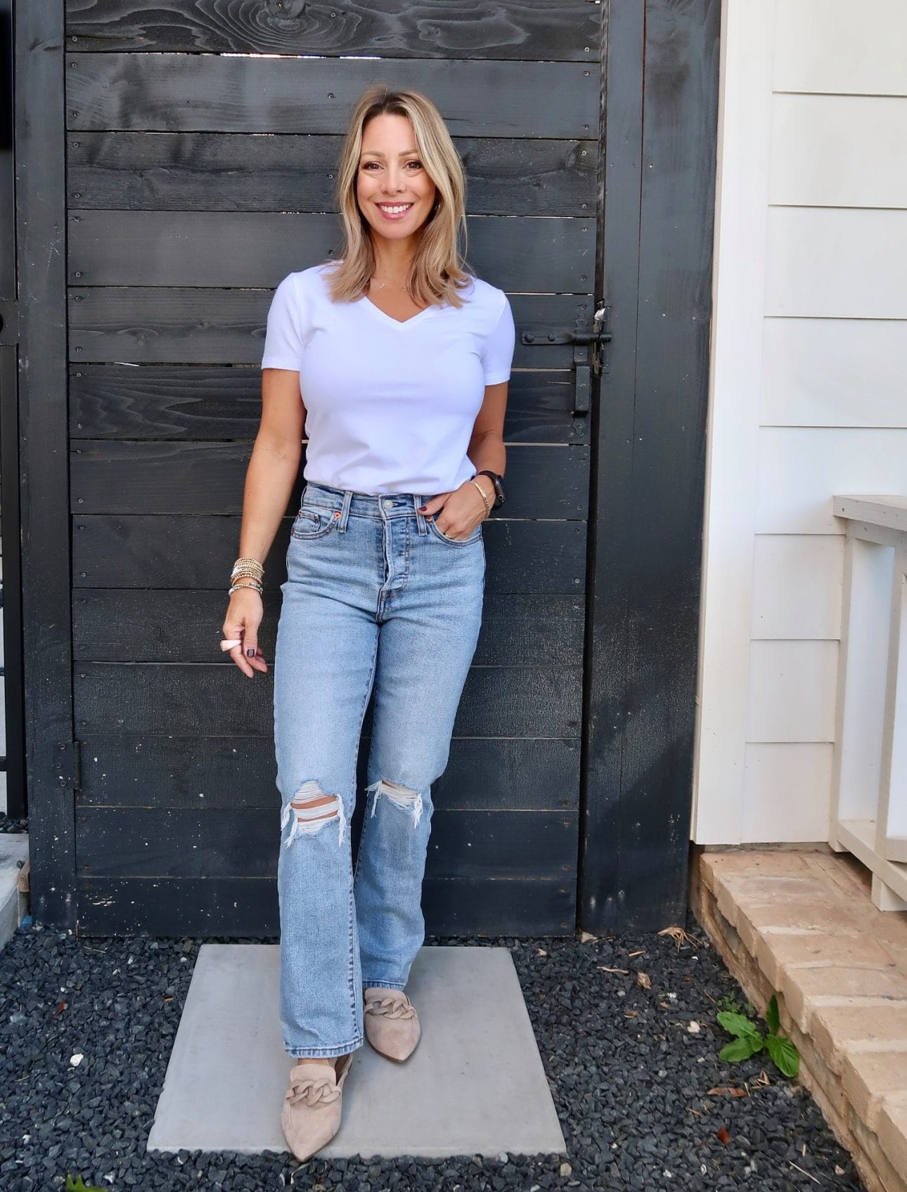 white tee, jeans, mules 