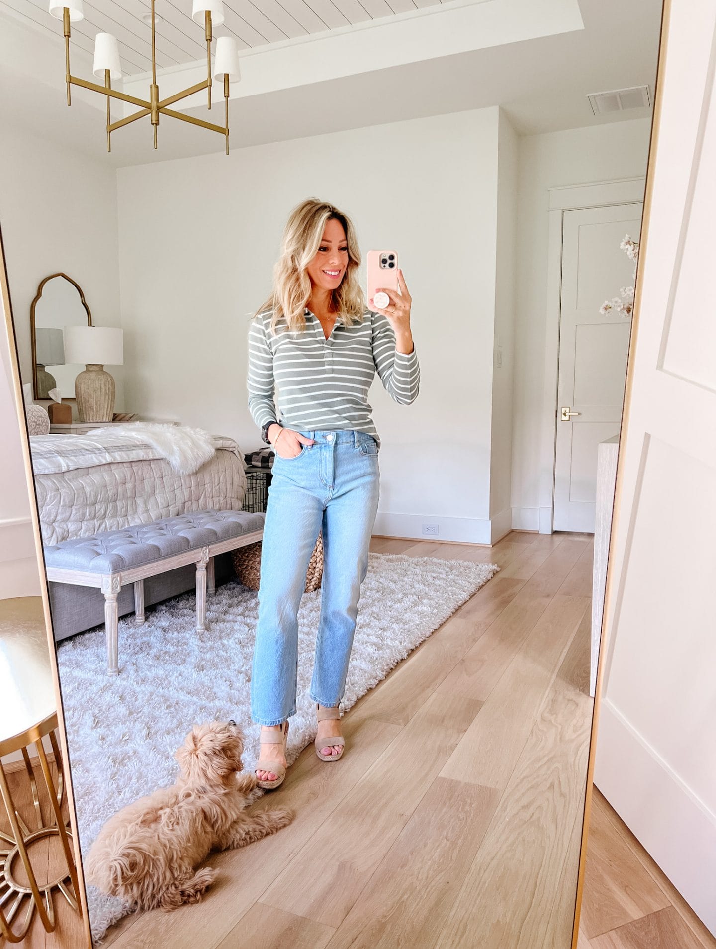 Striped Long Sleeve Top, Jeans, Wedges 