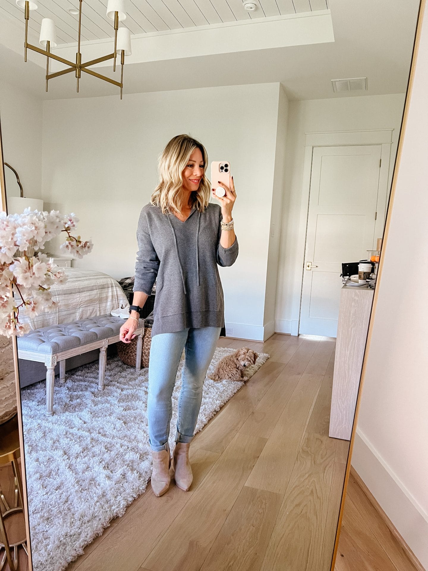 Tunic Sweater, Jeans, Booties 