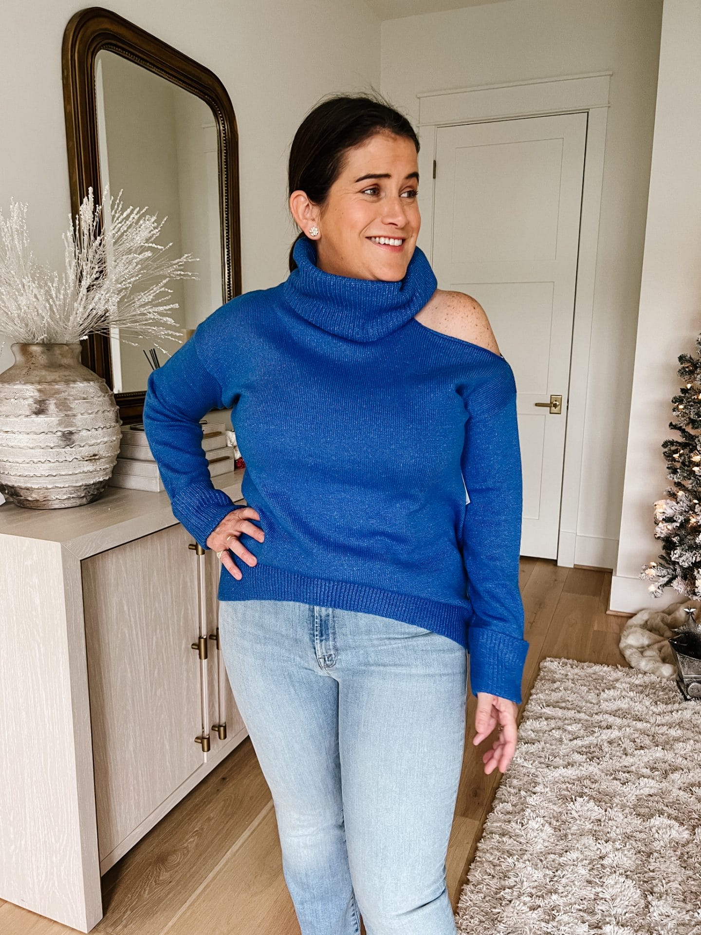 Blue Cold Shoulder Sweater, Jeans, Booties 