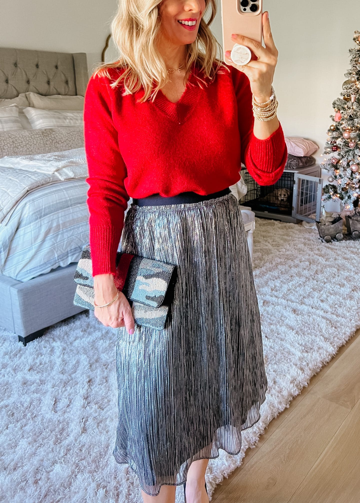 Red V Neck Sweater, Skirt, Clutch, Heels 