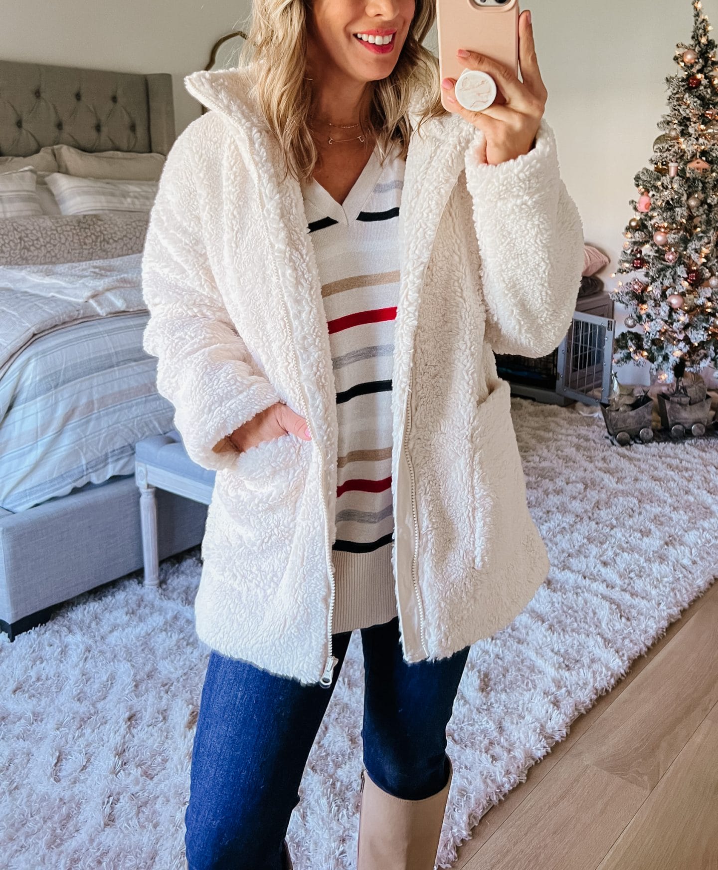 Striped Tunic Sweater, Jeans, Boots, Sherpa Jacket 