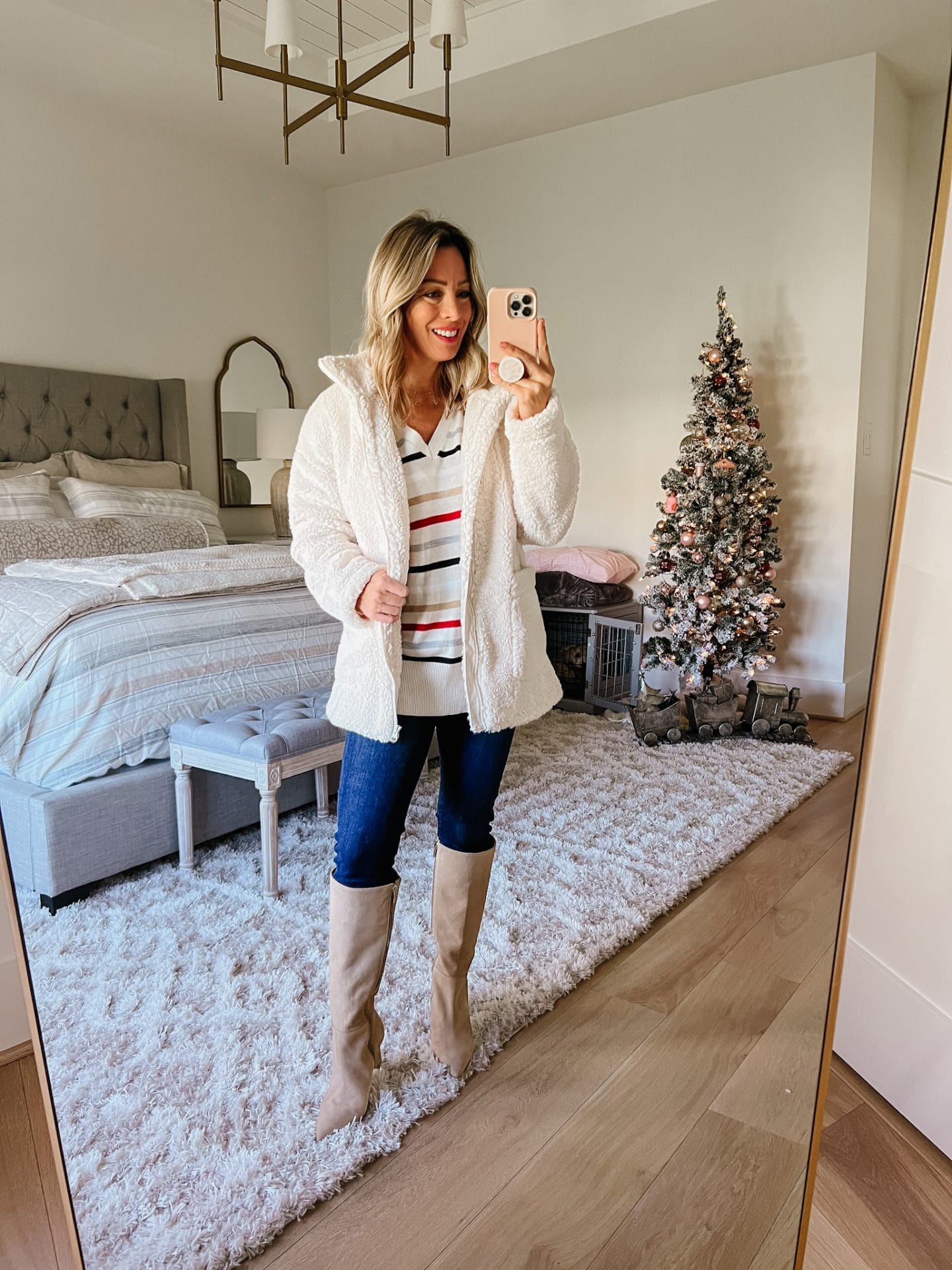 Striped Tunic Sweater, Jeans, Boots 