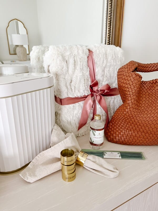 Tuesday Goodies, Trash Can, Napkin Rings, Diffuser, Blanket, Purse 
