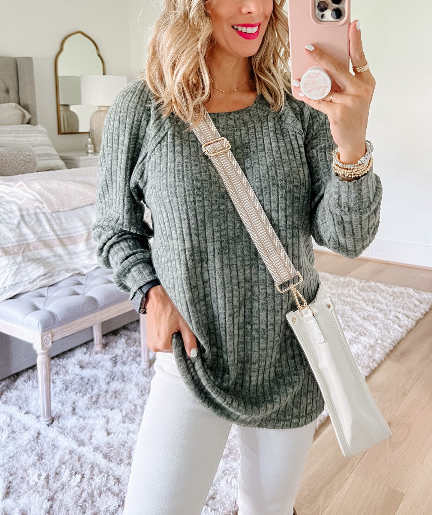 Green Ribbed Sweater, Jeans, Boots Crossbody 