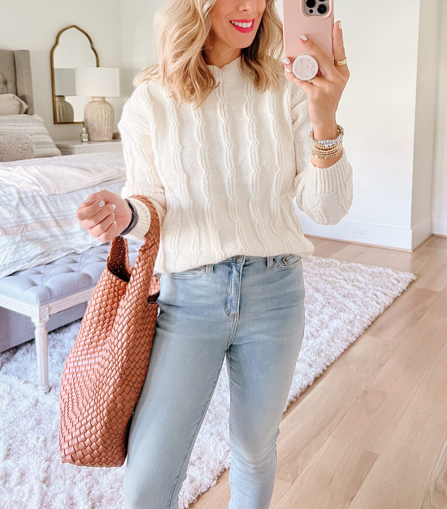 Cable knit Sweater, jeans, Booties, Bag 