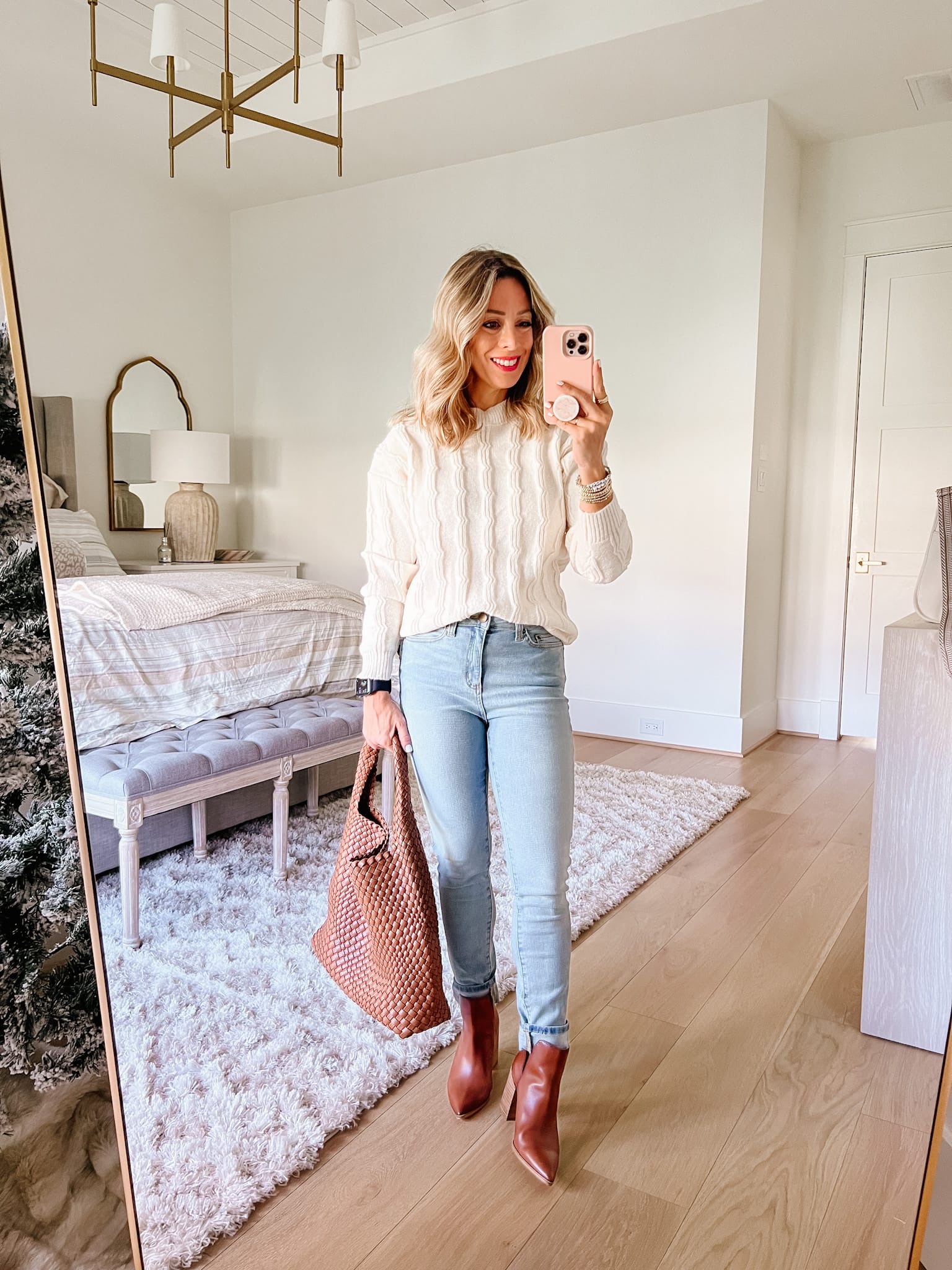 Cable knit Sweater, jeans, Booties, Bag 