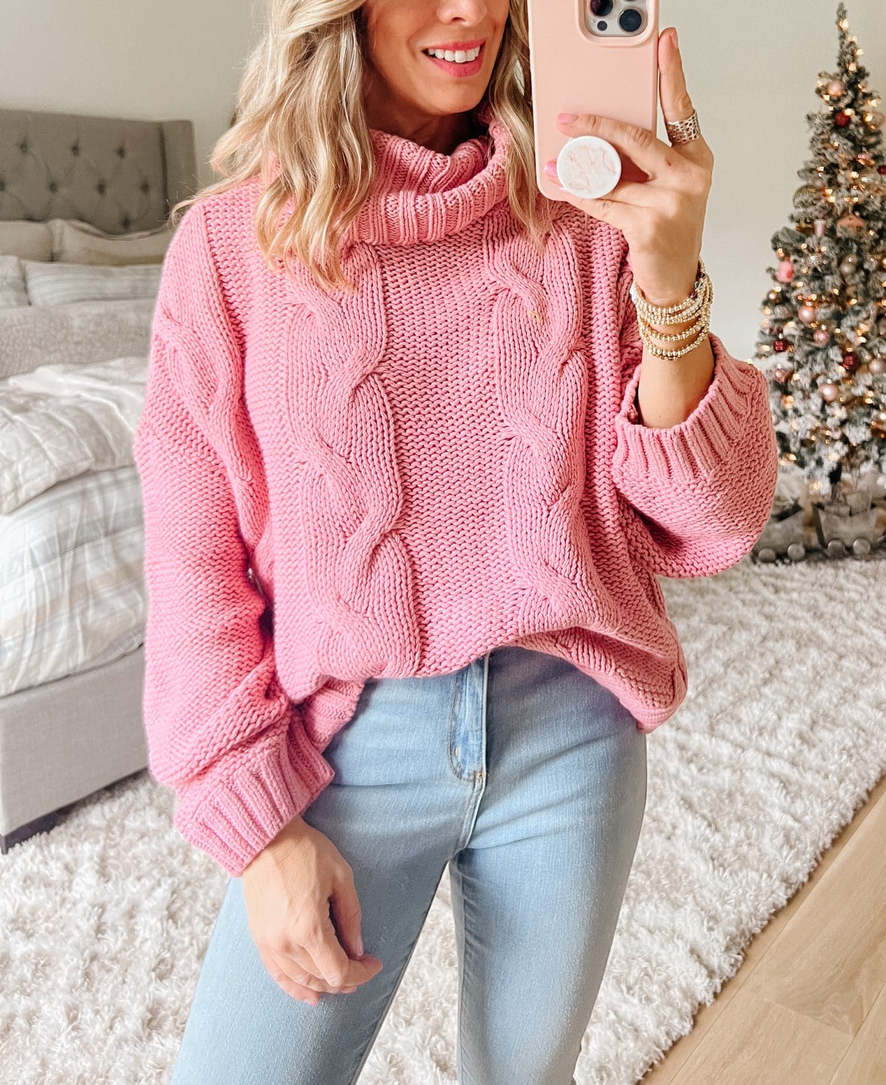 Pink Cable Knit Sweater, Jeans, Booties 