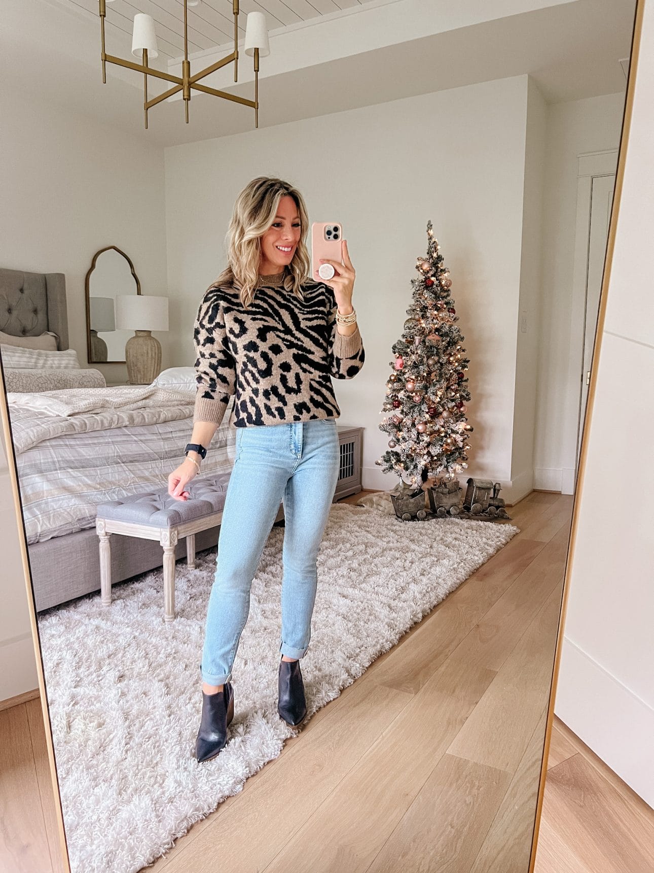 Leopard Sweater, Jeans, Booties 