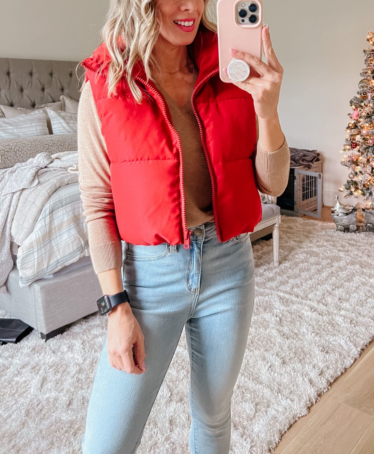 Long Sleeve Top, PUffer Vest, Jeans