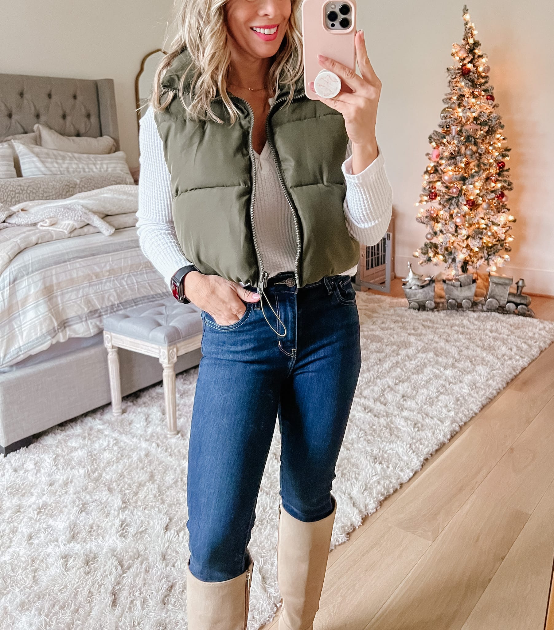 Waffle Knit Top, Puffer Vest, Jeans, Boots 