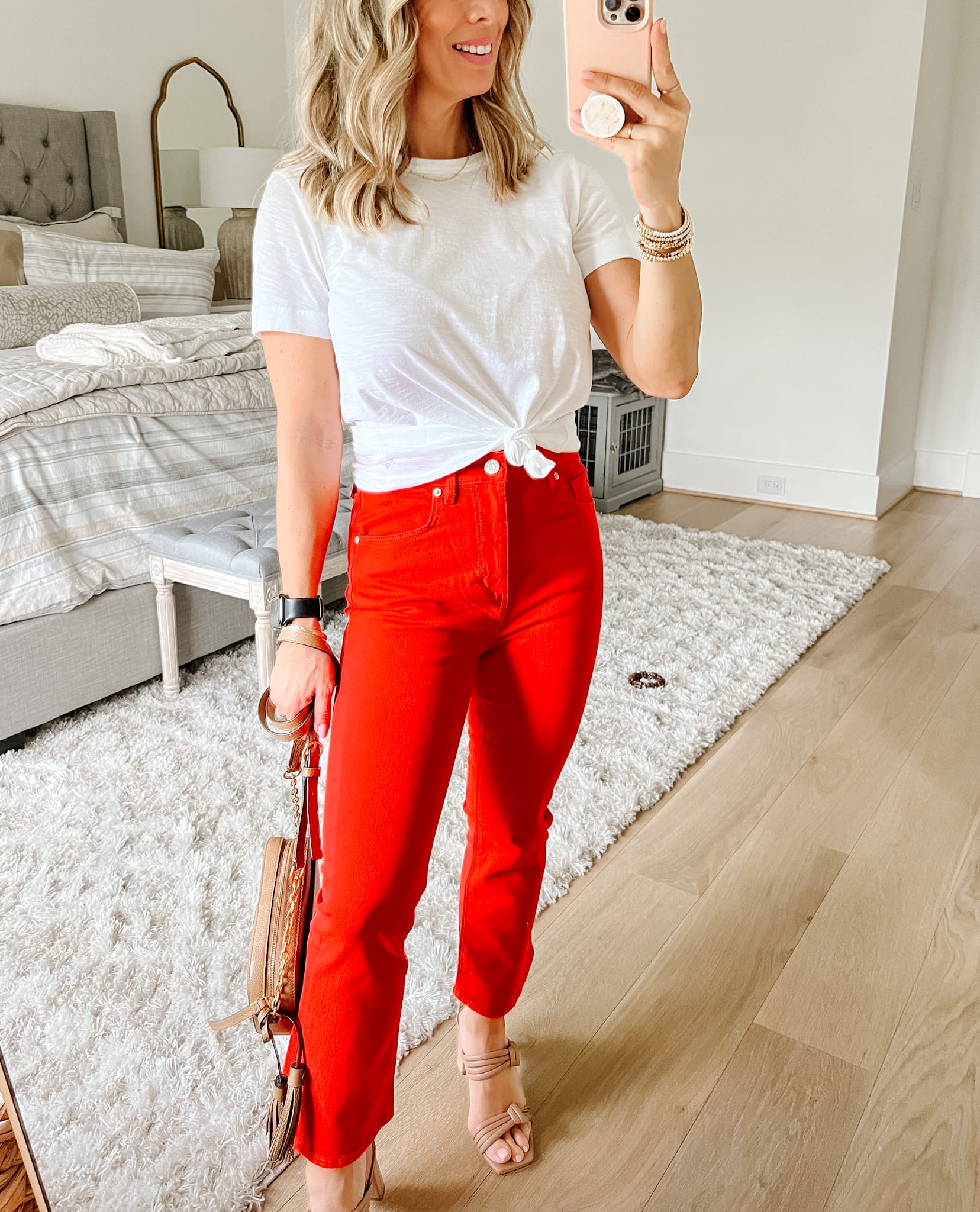 White Tee, Red Jeans, Crossbody 