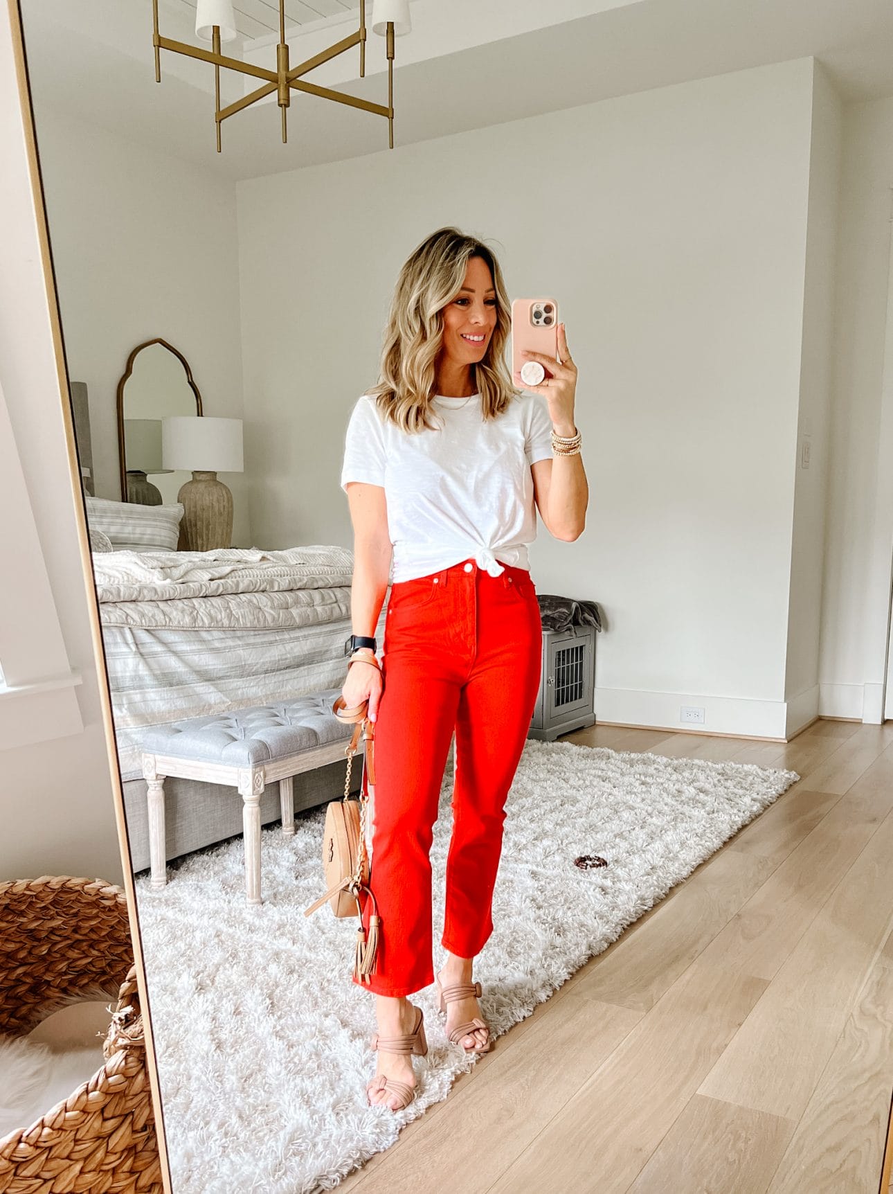 White Tee, Red Jeans, Crossbody 