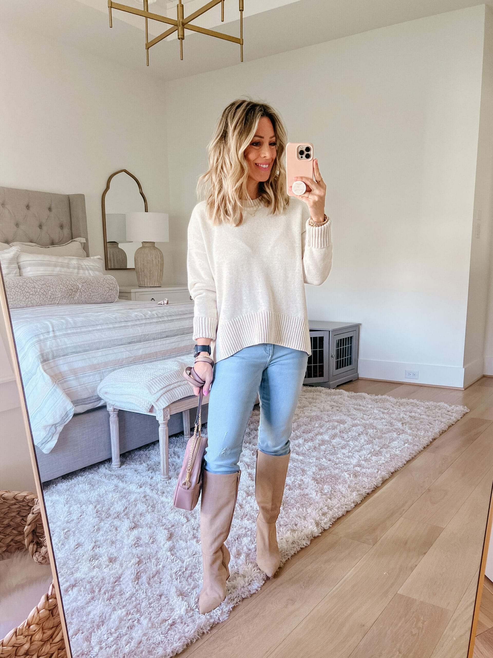 Cream Sweater, Jeans, Boots 