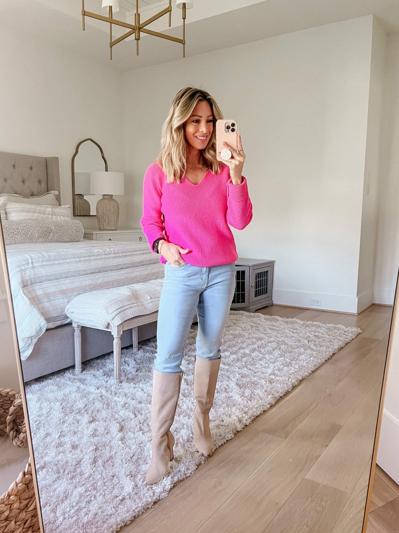 Pink Sweater, JEans, Boots 