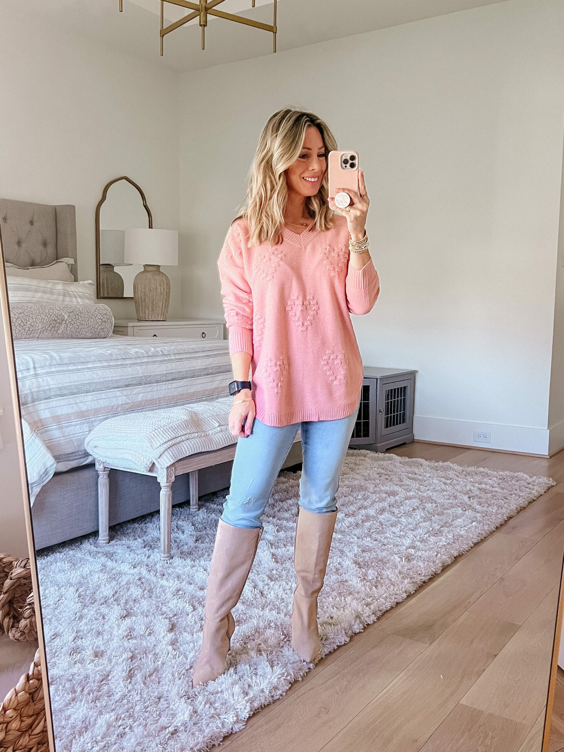 Pink Heart Sweater, Jeans, Boots 