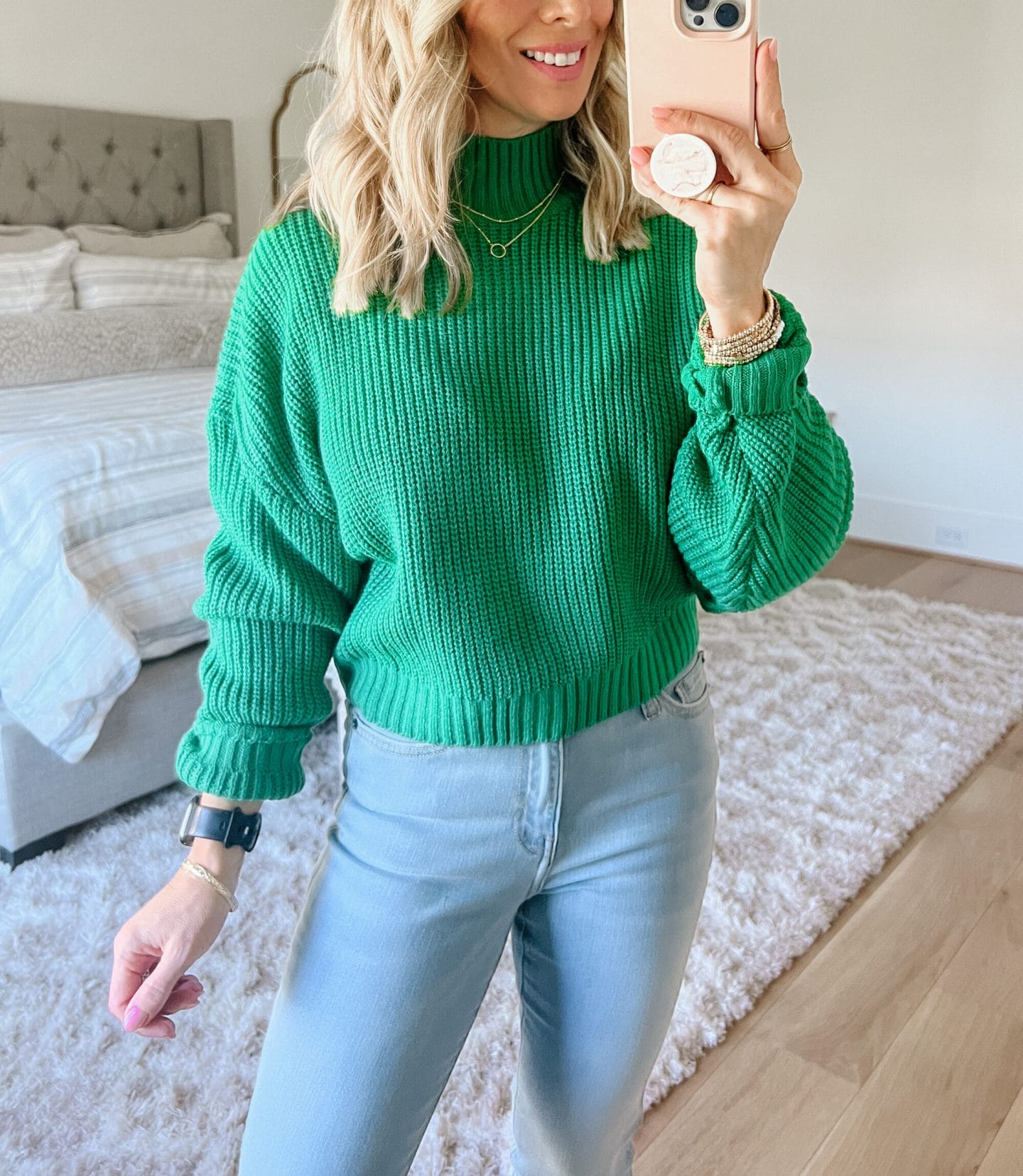Green Sweater, Jeans, Crossbody 