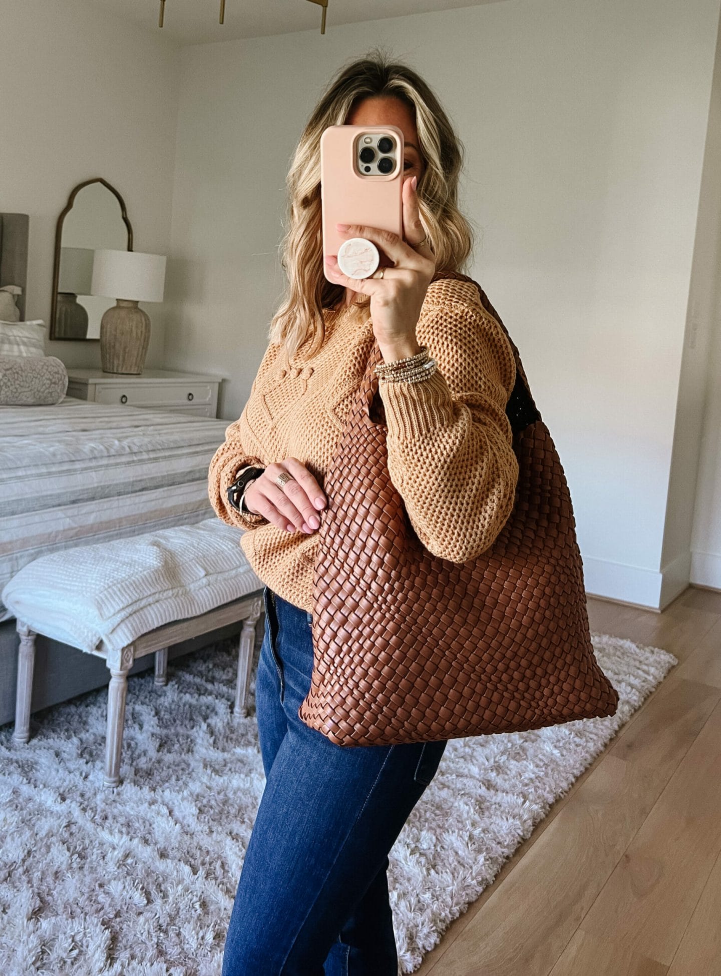 Sweater, Bag, Jeans,