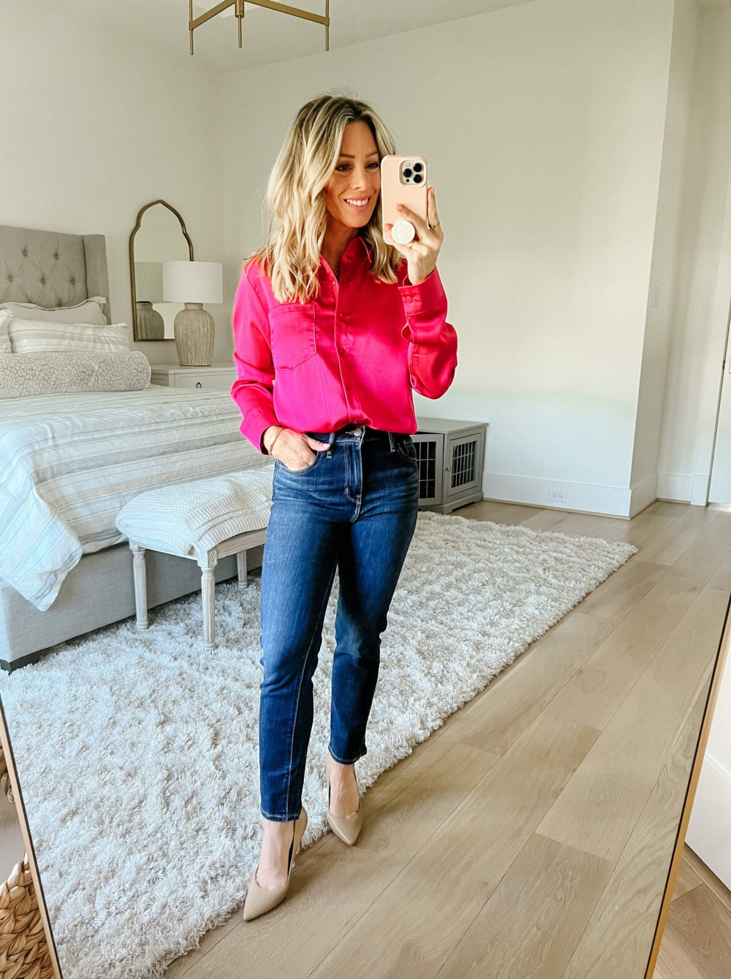 Pink Silk Blouse, Jeans, Heels 