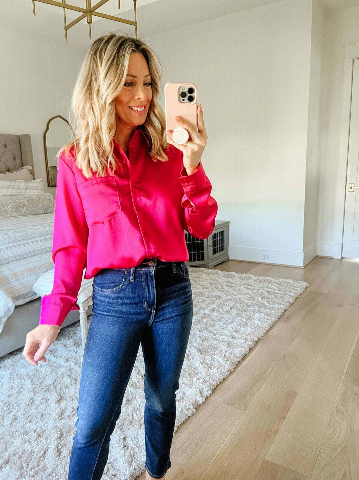Pink Silk Blouse, Jeans, Heels 