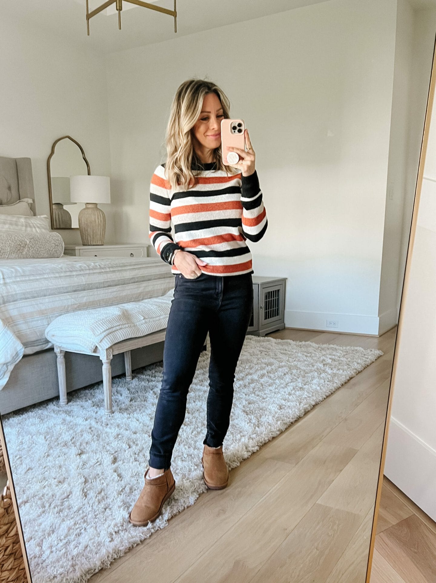 Striped Sweater, JEans, Booties 