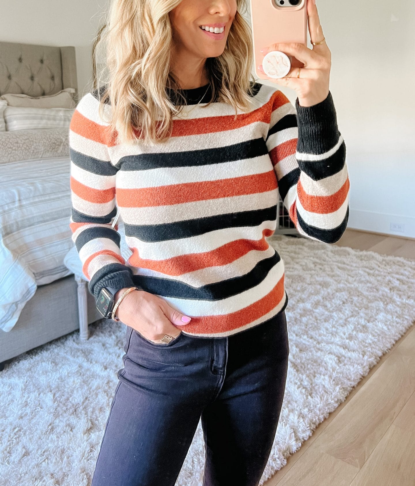 Striped Sweater, JEans, Booties 