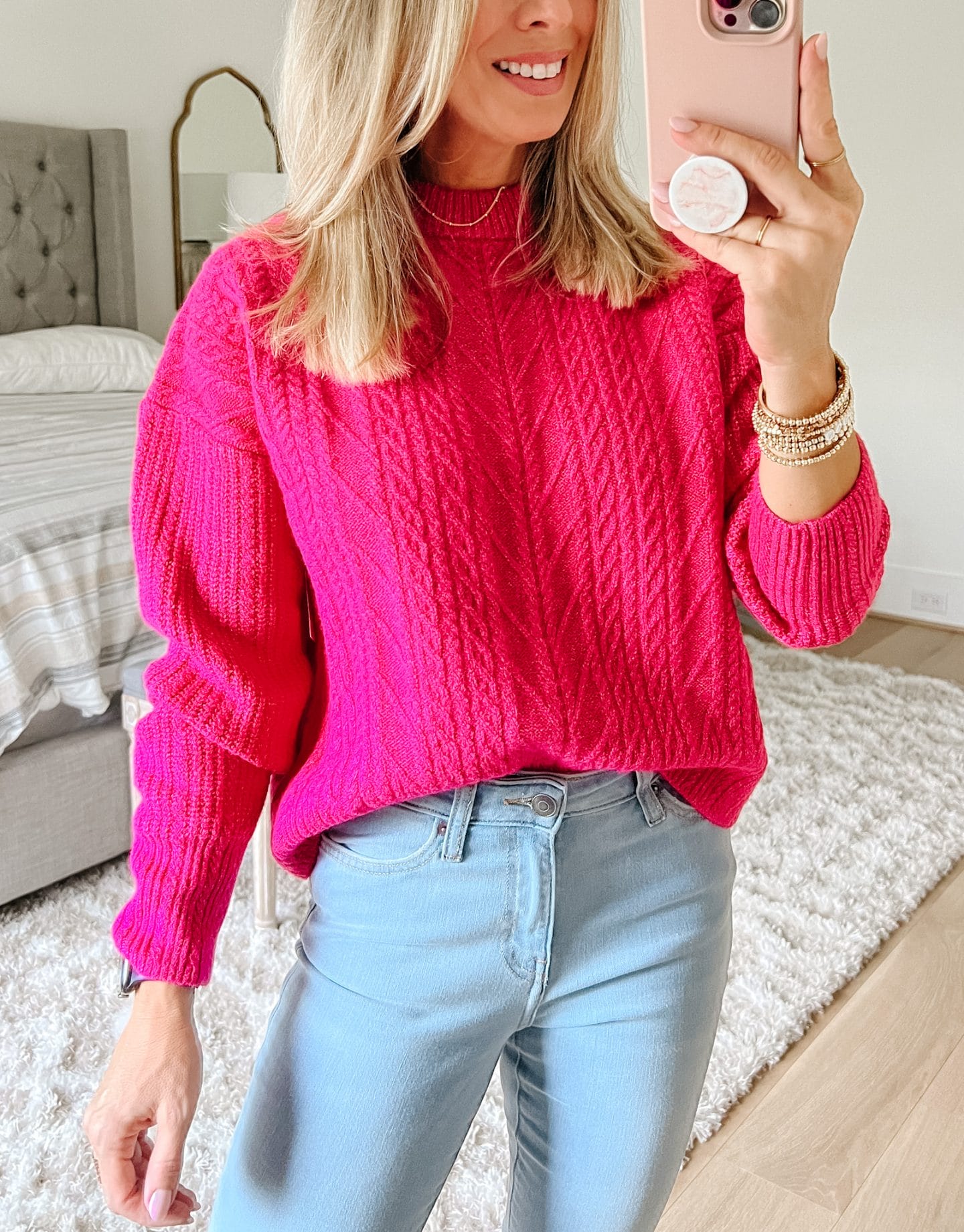 Pink Sweater, Jeans, Booties 