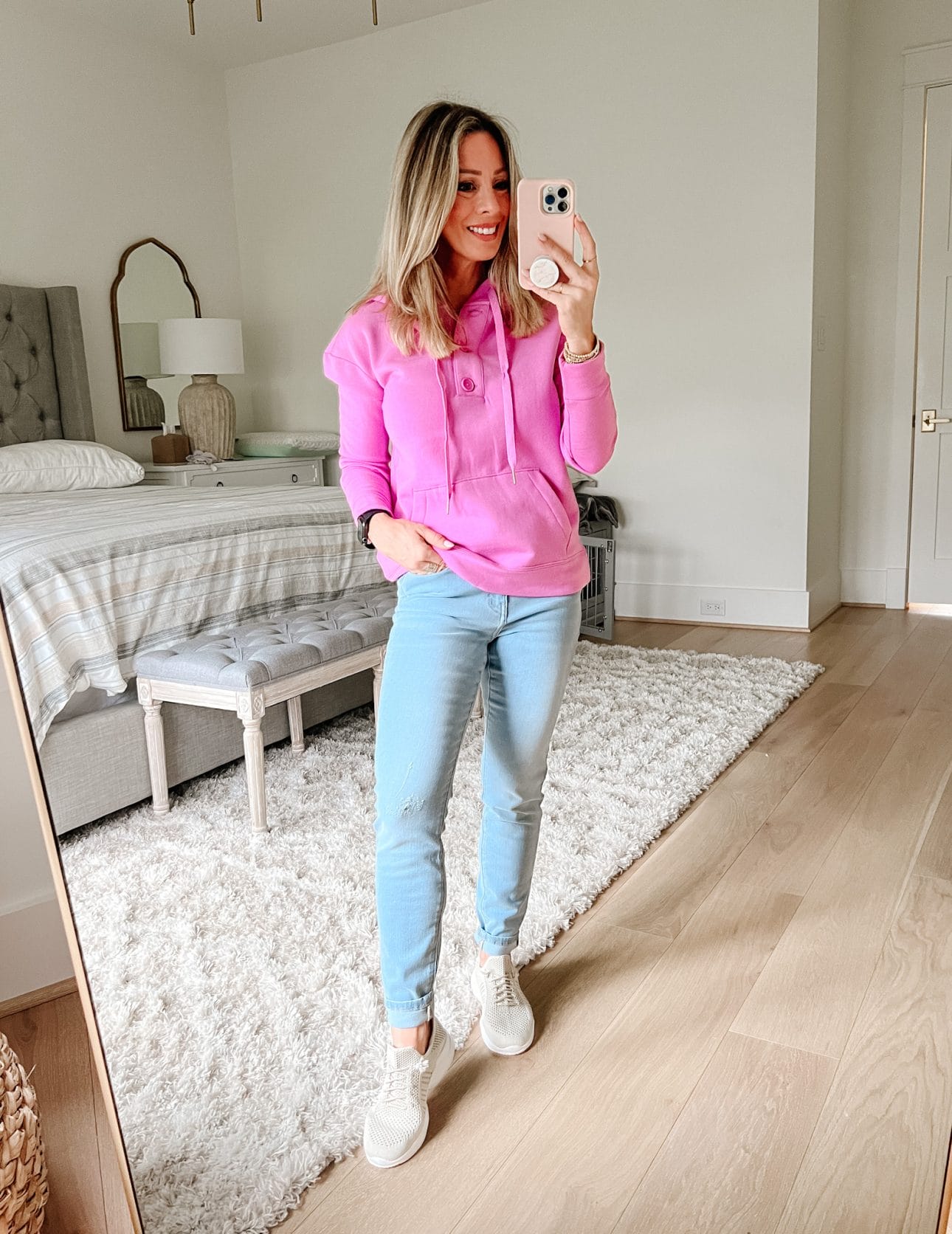Pink Pullover, Jeans, Sneakers 