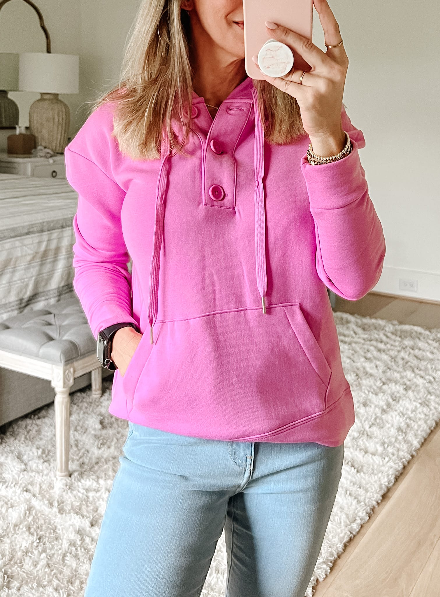 Pink Pullover, Jeans, Sneakers 