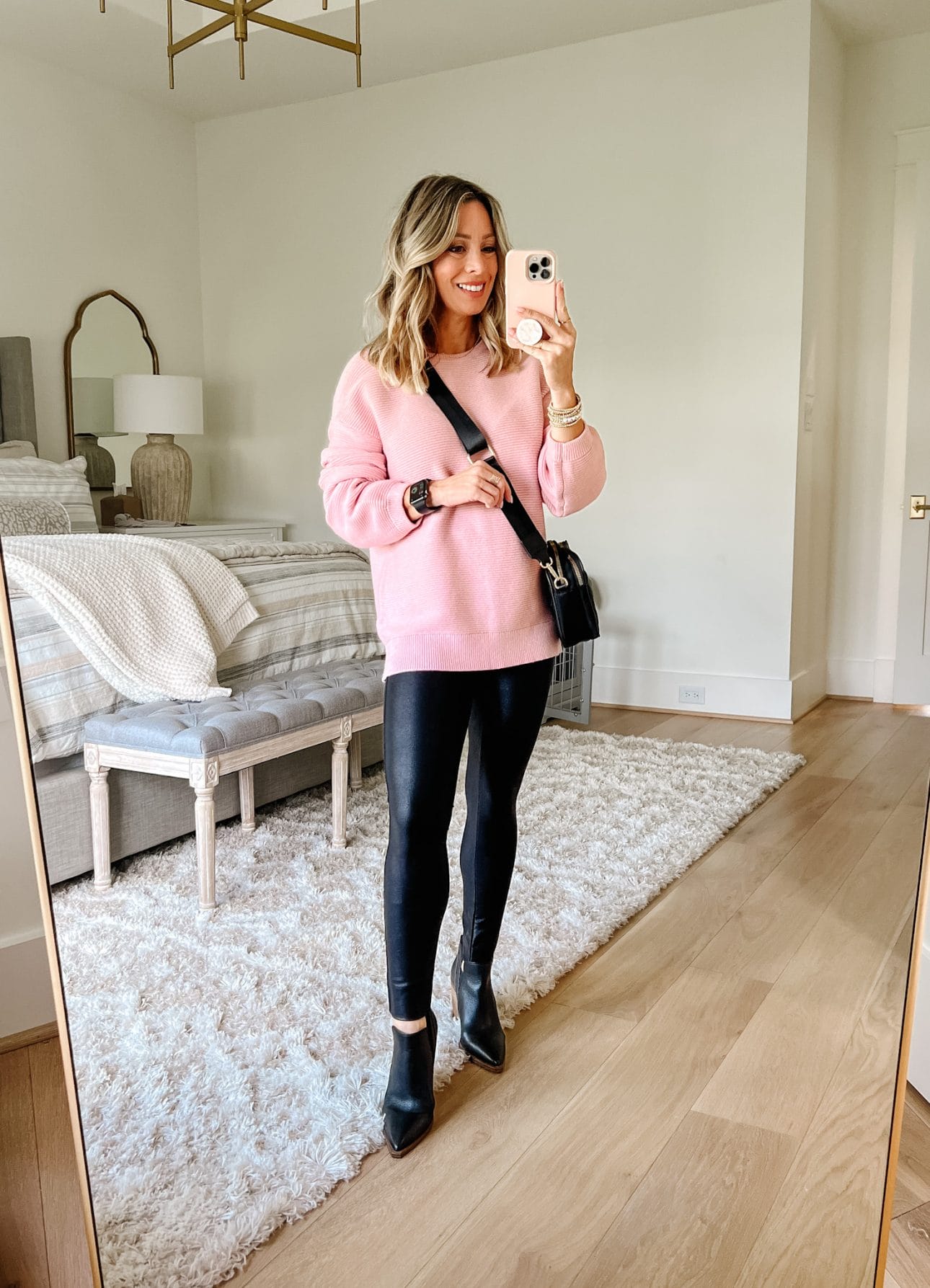 Pink Pullover, Faux Leather Leggings, Crossbody