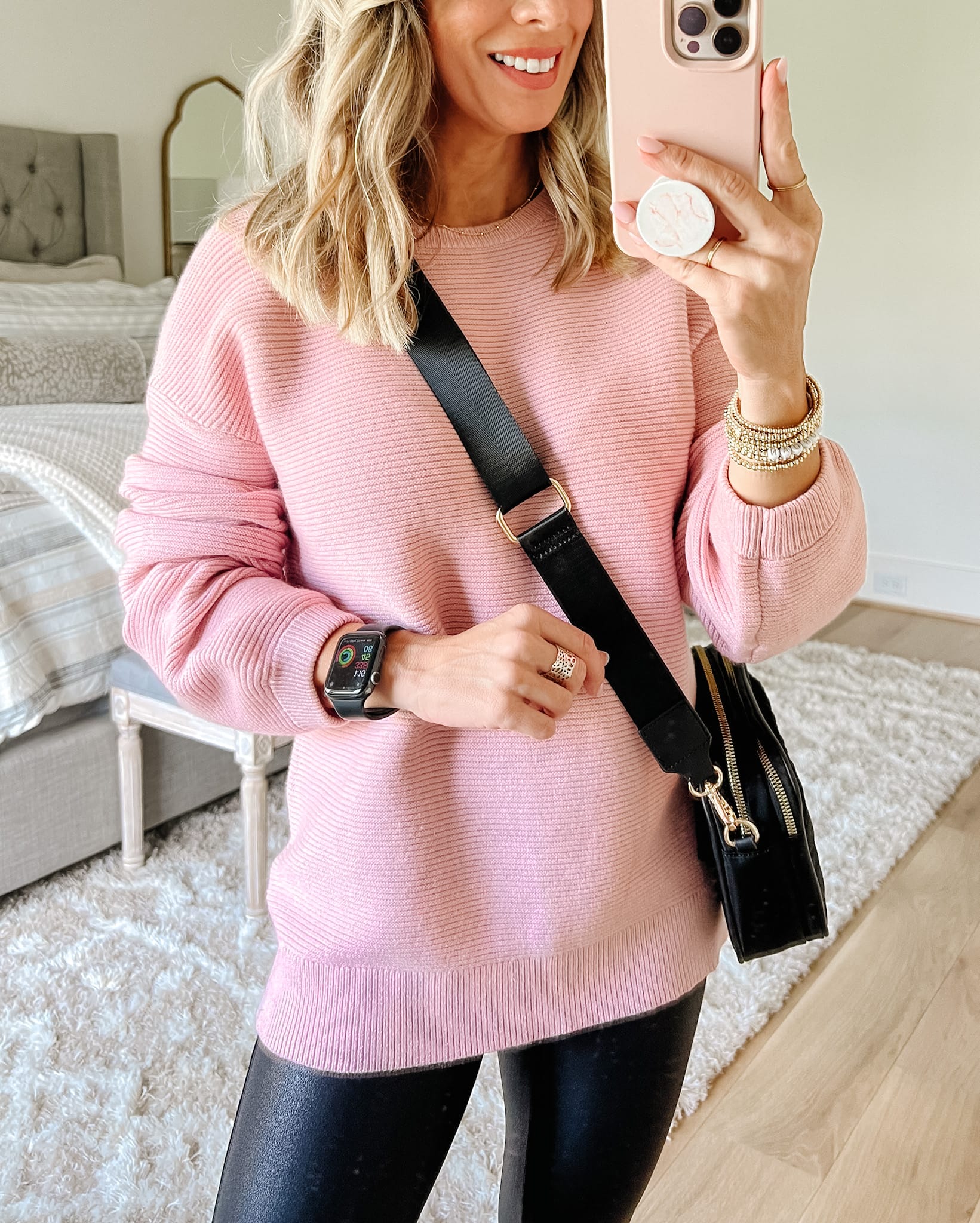 Pink Pullover, Faux Leather Leggings, Crossbody