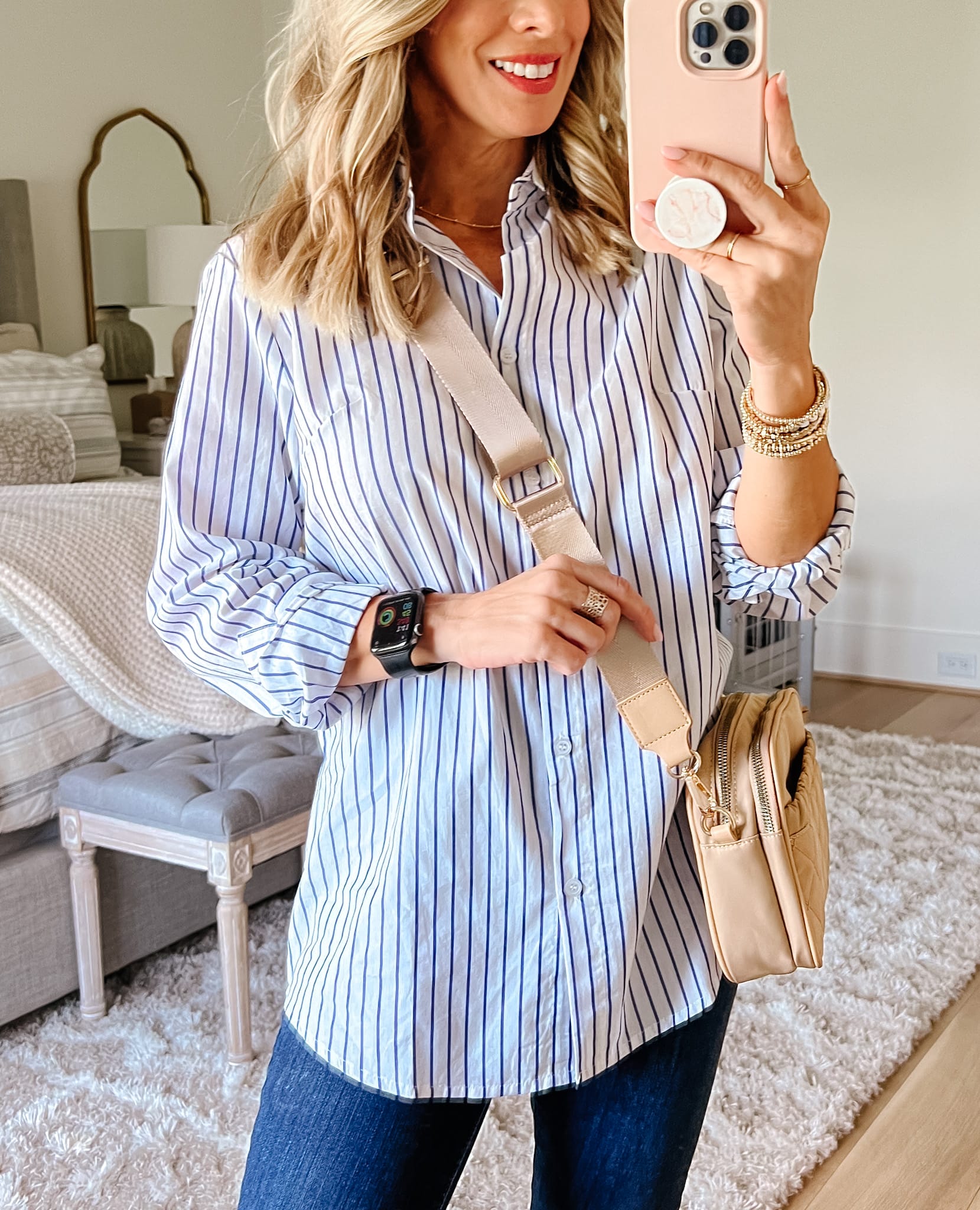Striped Button Down, Jeans, Sandals, Crossbody