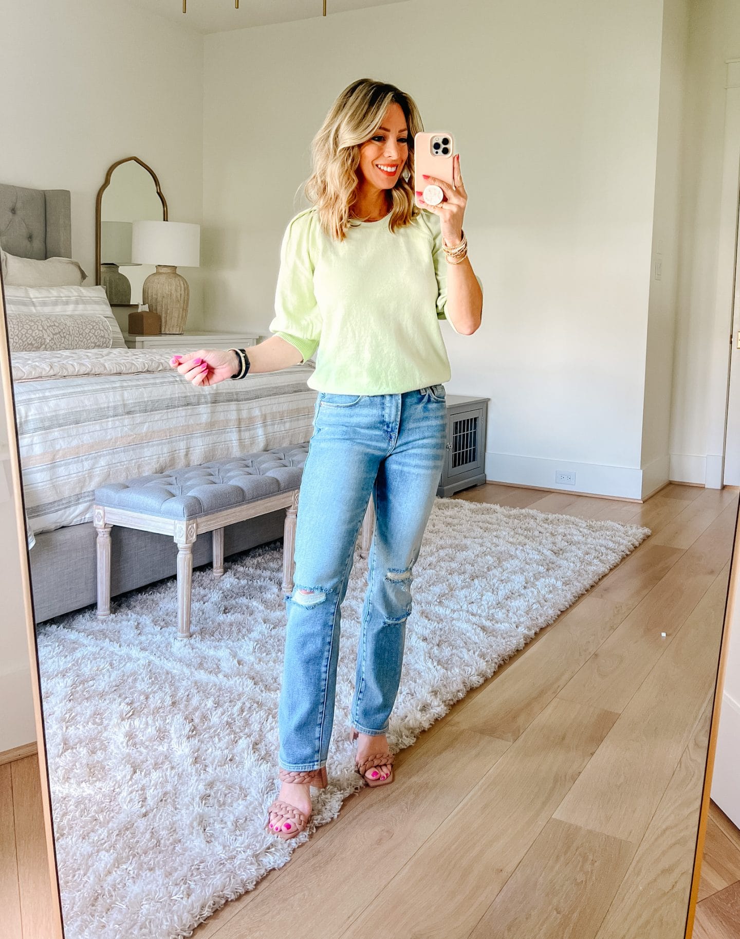 Puff Sleeve Top, Jeans, Sandals