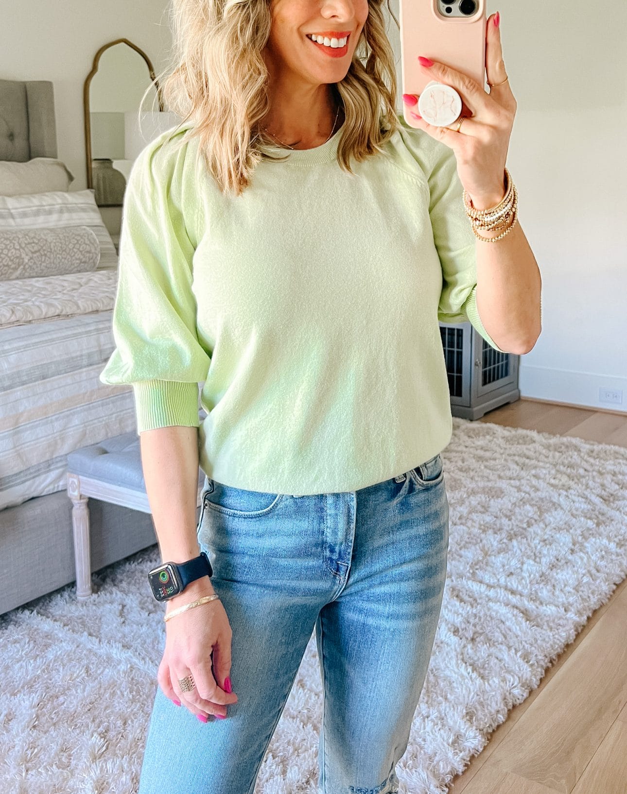Puff Sleeve Top, Jeans, Sandals
