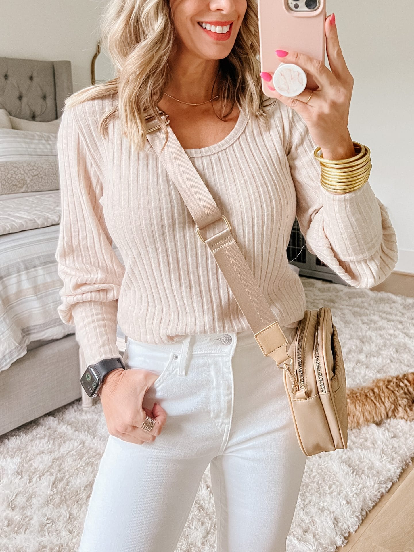 Cream Sweater, White Jeans, Wedges 