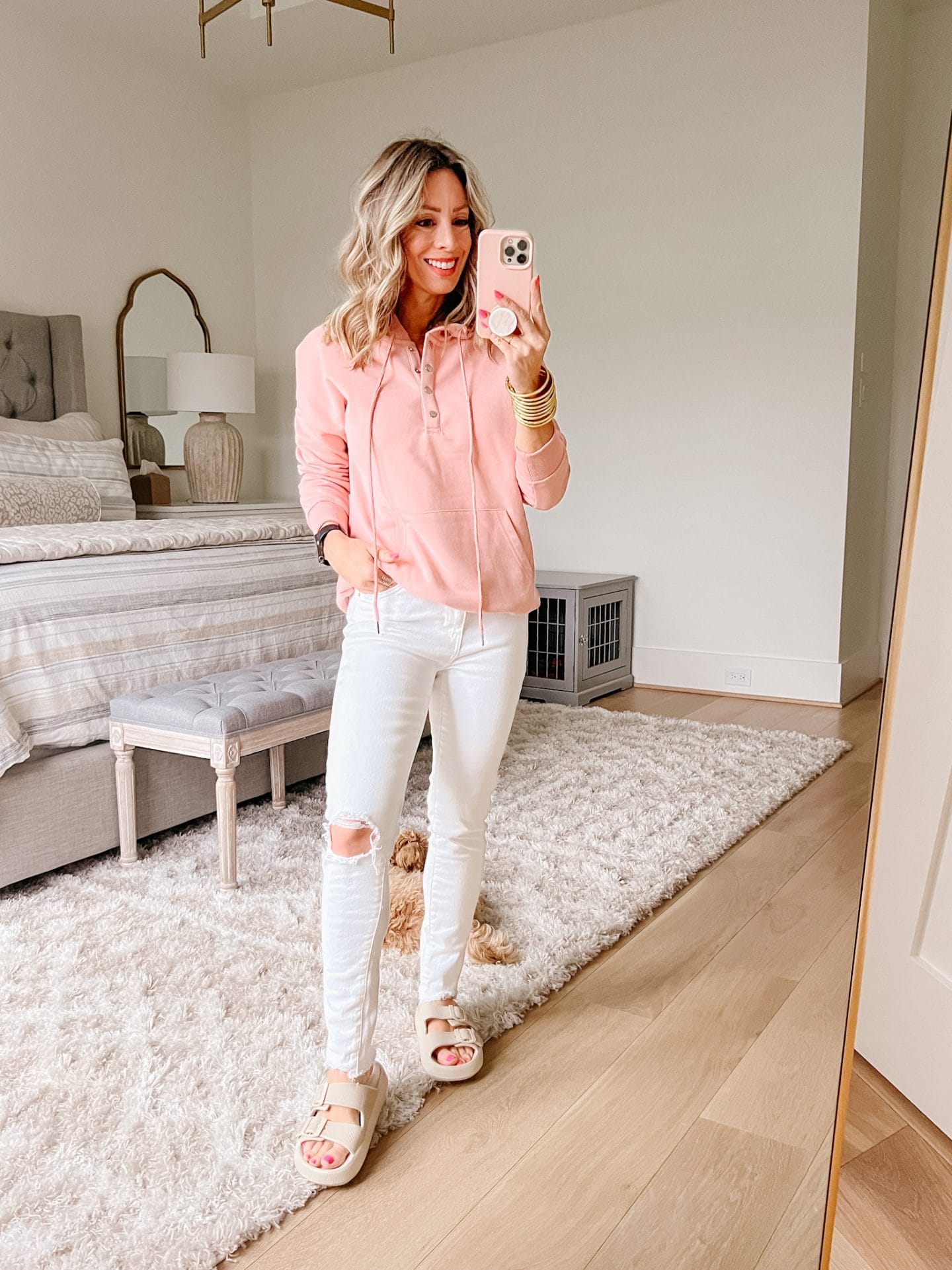 Pink Pullover, Jeans, Sandals 