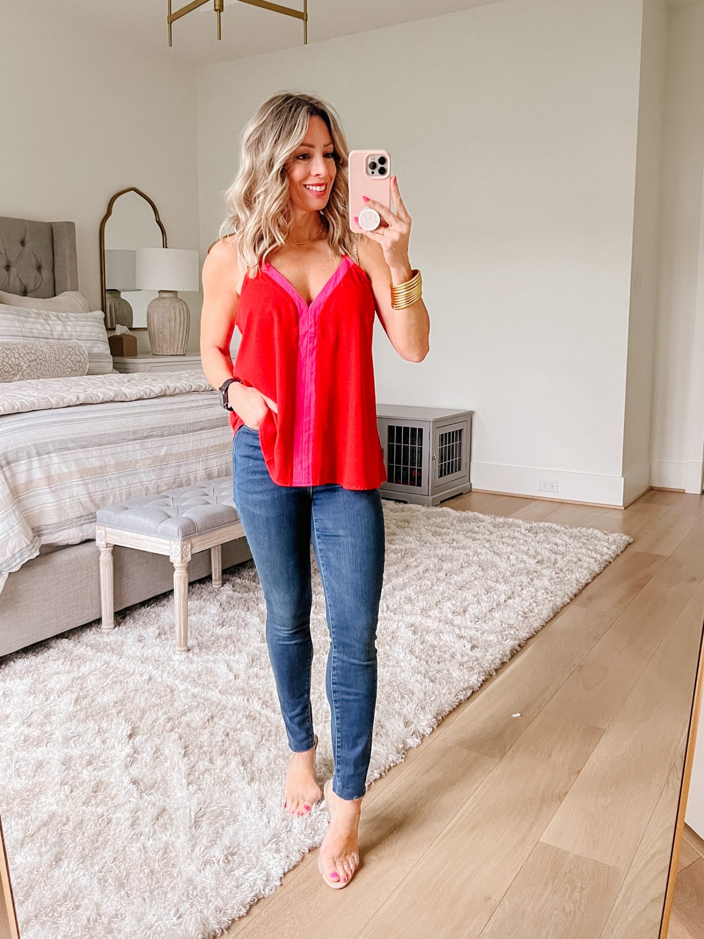 Red and Pink Cami Top, jeans