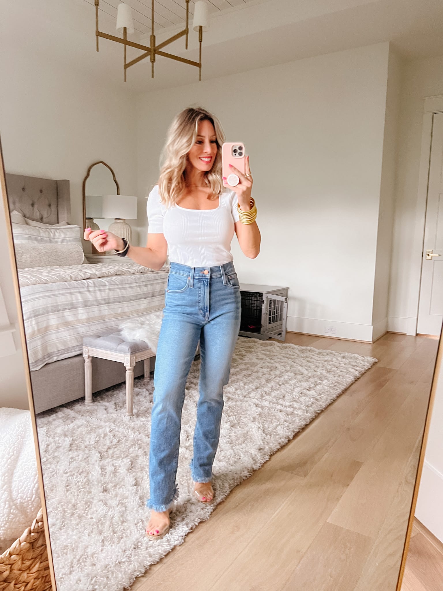 White Square Neck Top, Jeans, Wedges 