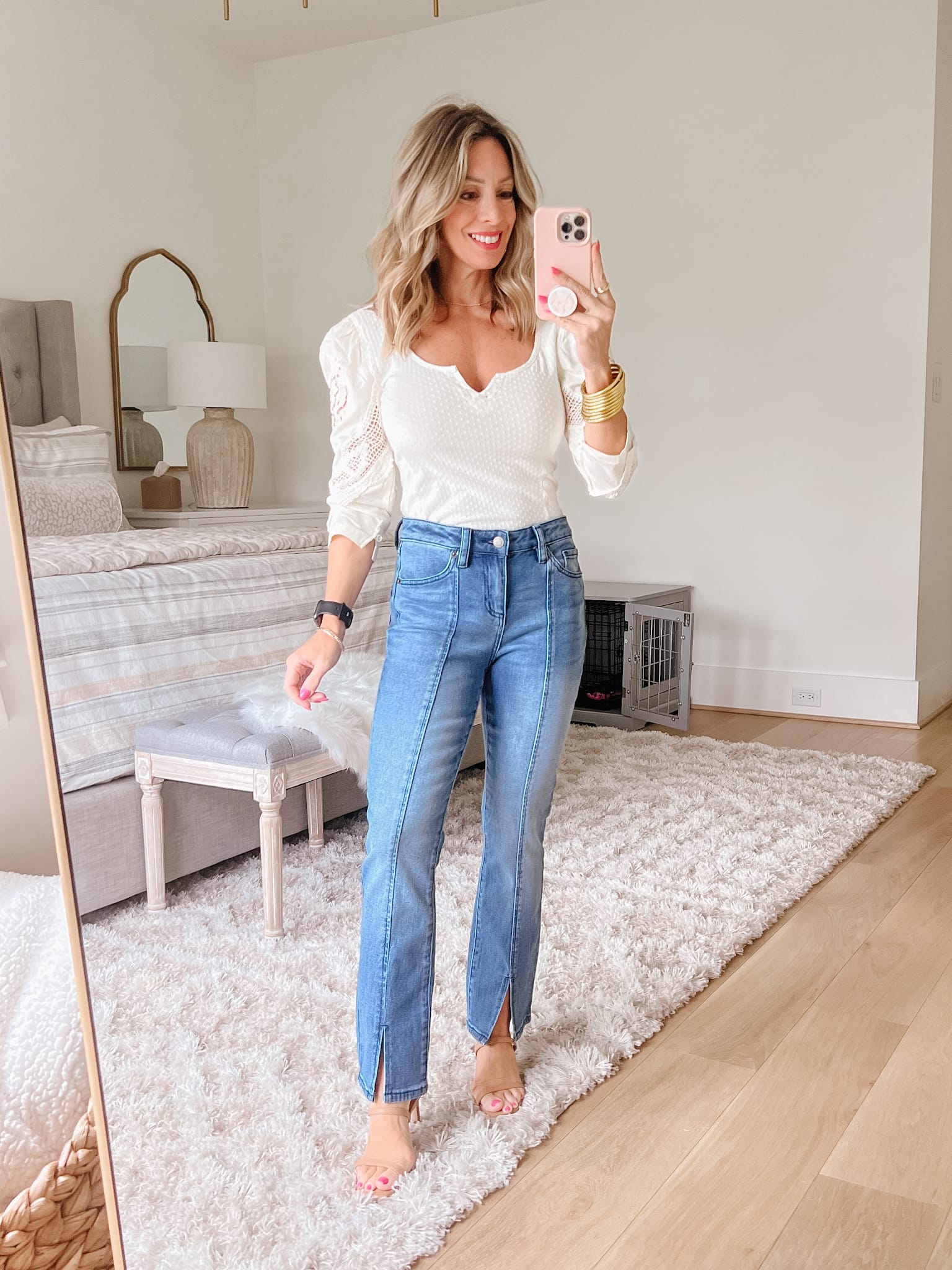 White Puff Sleeve Top, Jeans, Heels 