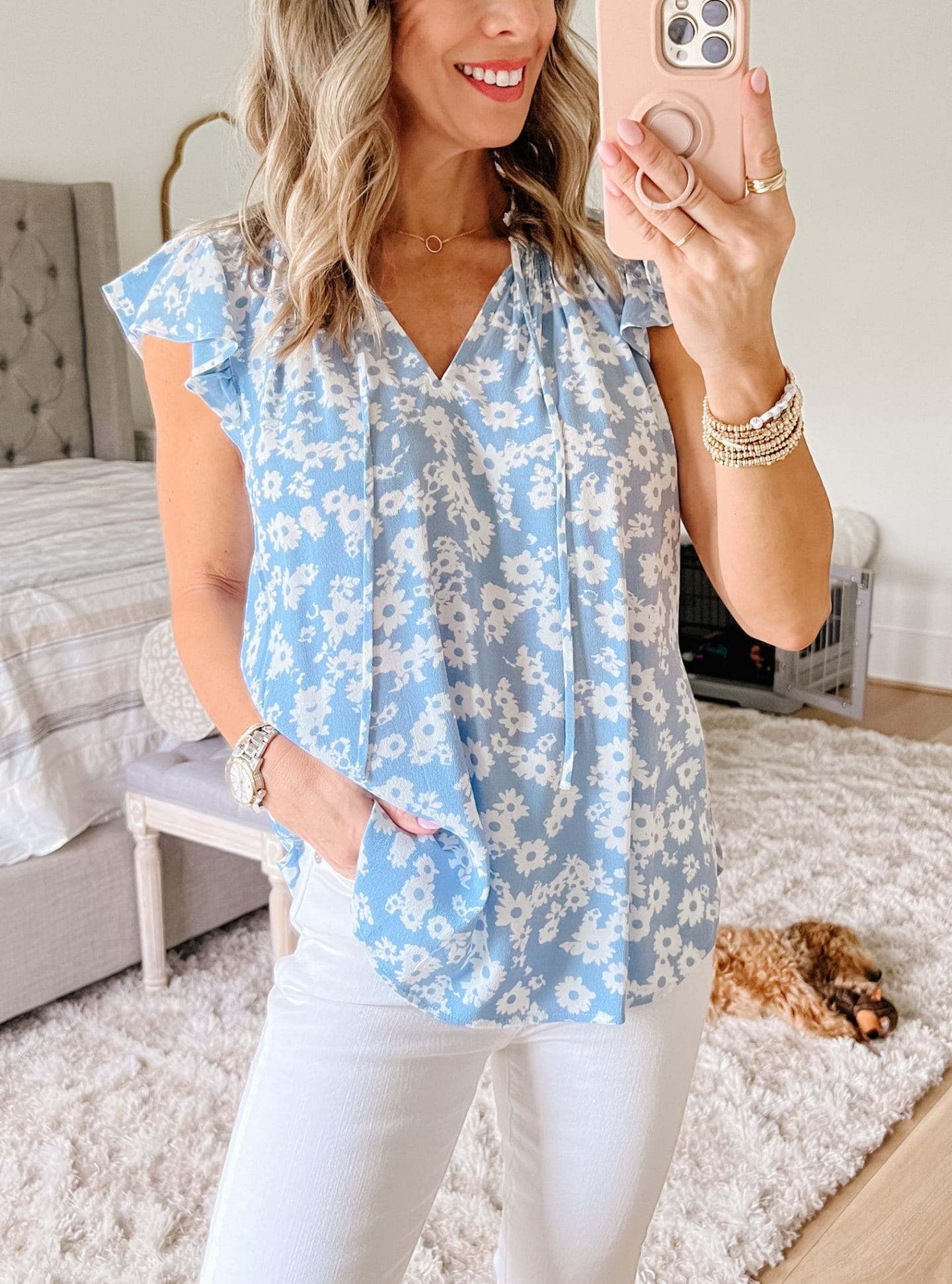 Swing Floral Top, Jeans, Wedges 