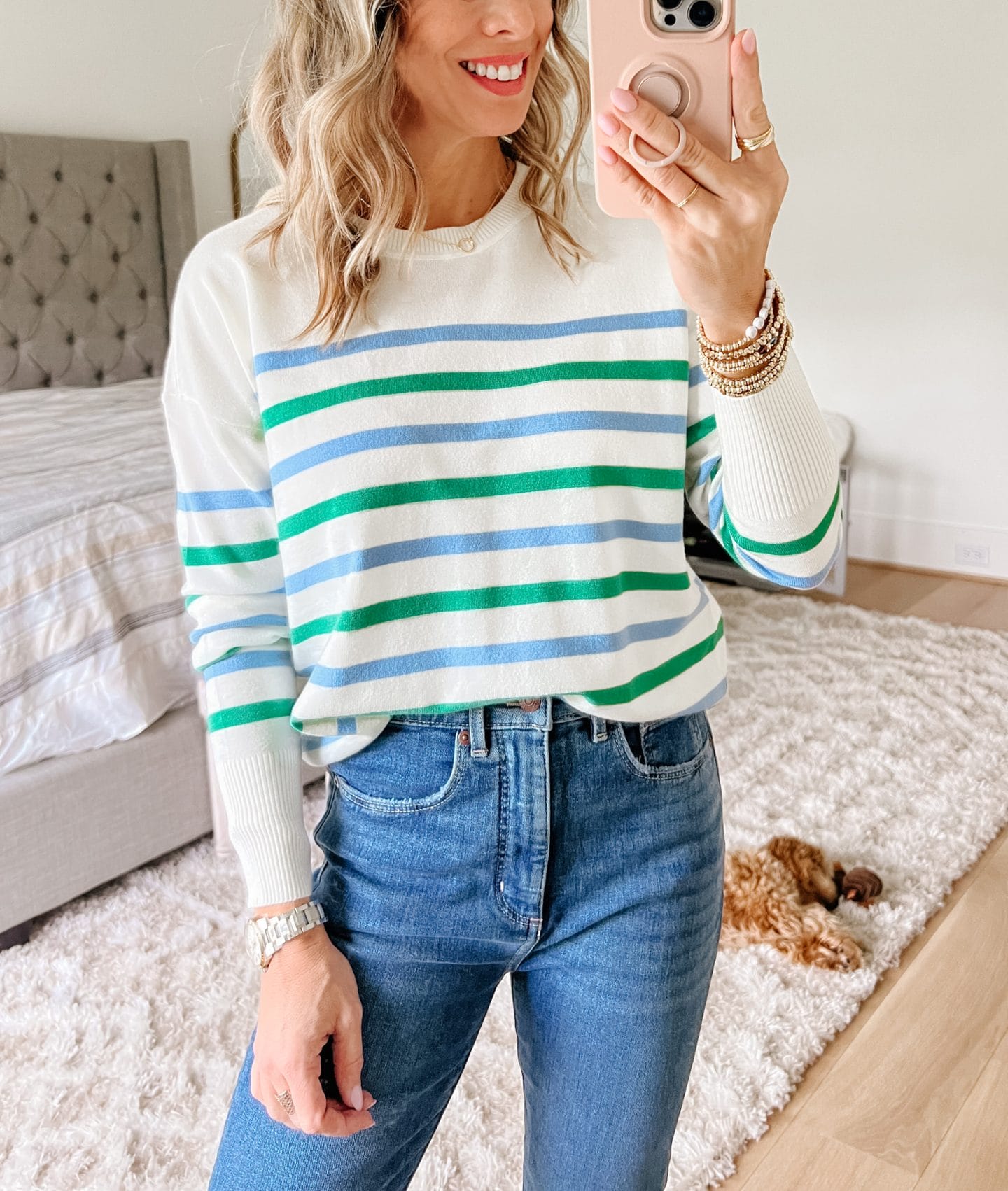 Striped Sweater, Jeans, Wedges 