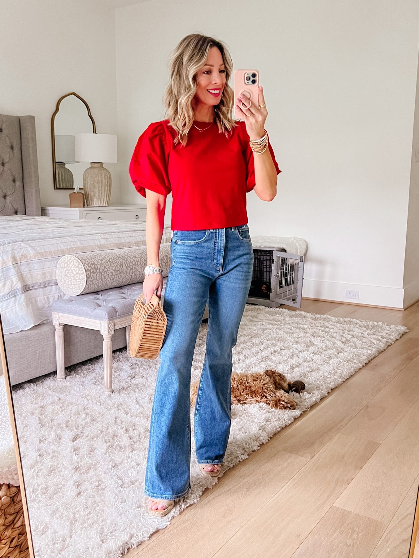 Red Puff Top, Jeans Wedges 