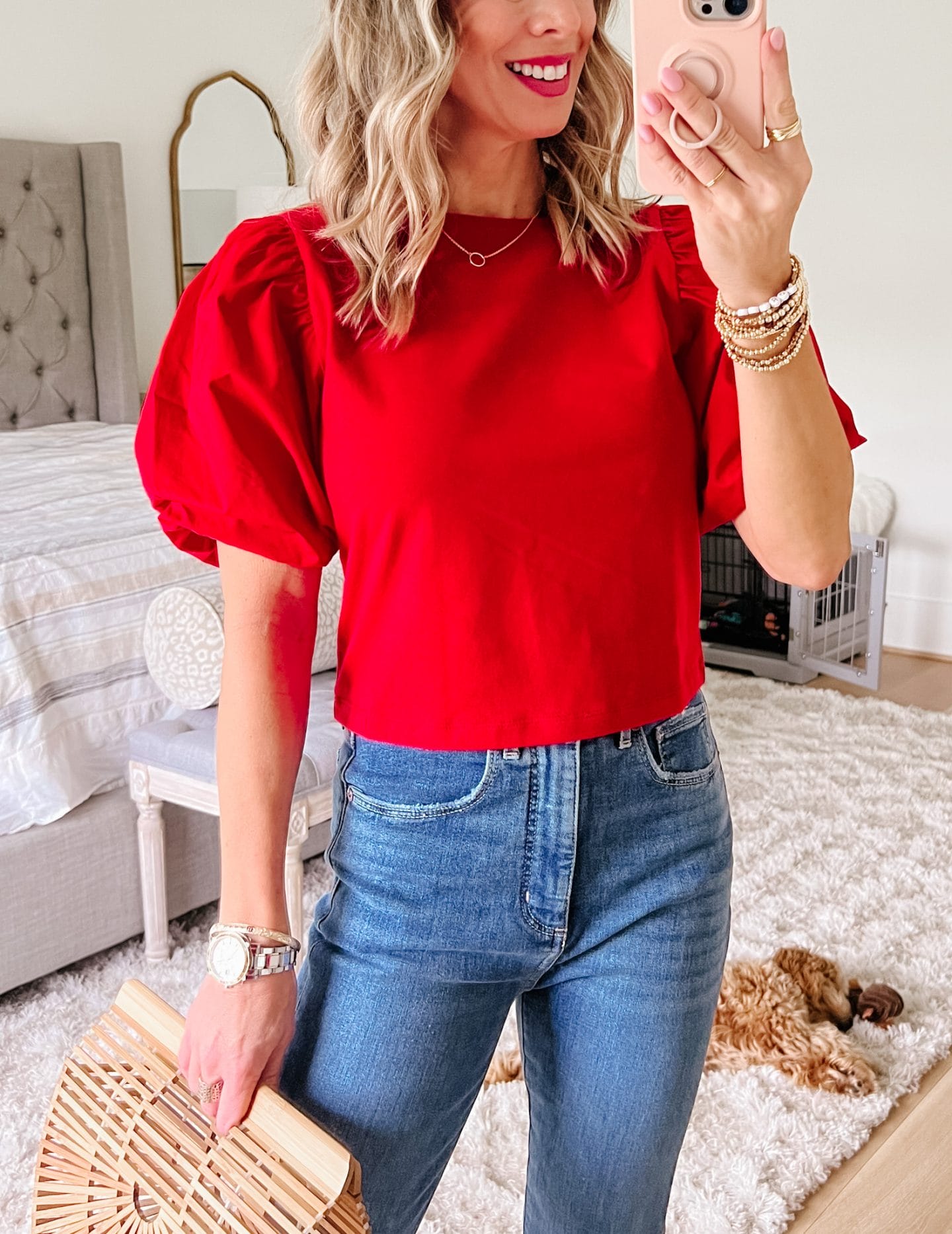 Red Puff Top, Jeans Wedges 