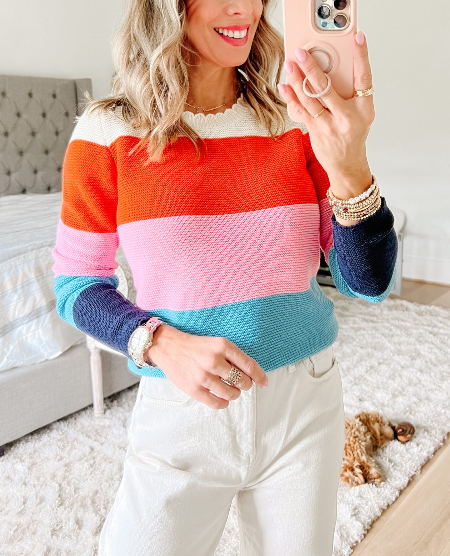 Colorblock Sweater, White Jeans, Wedges 
