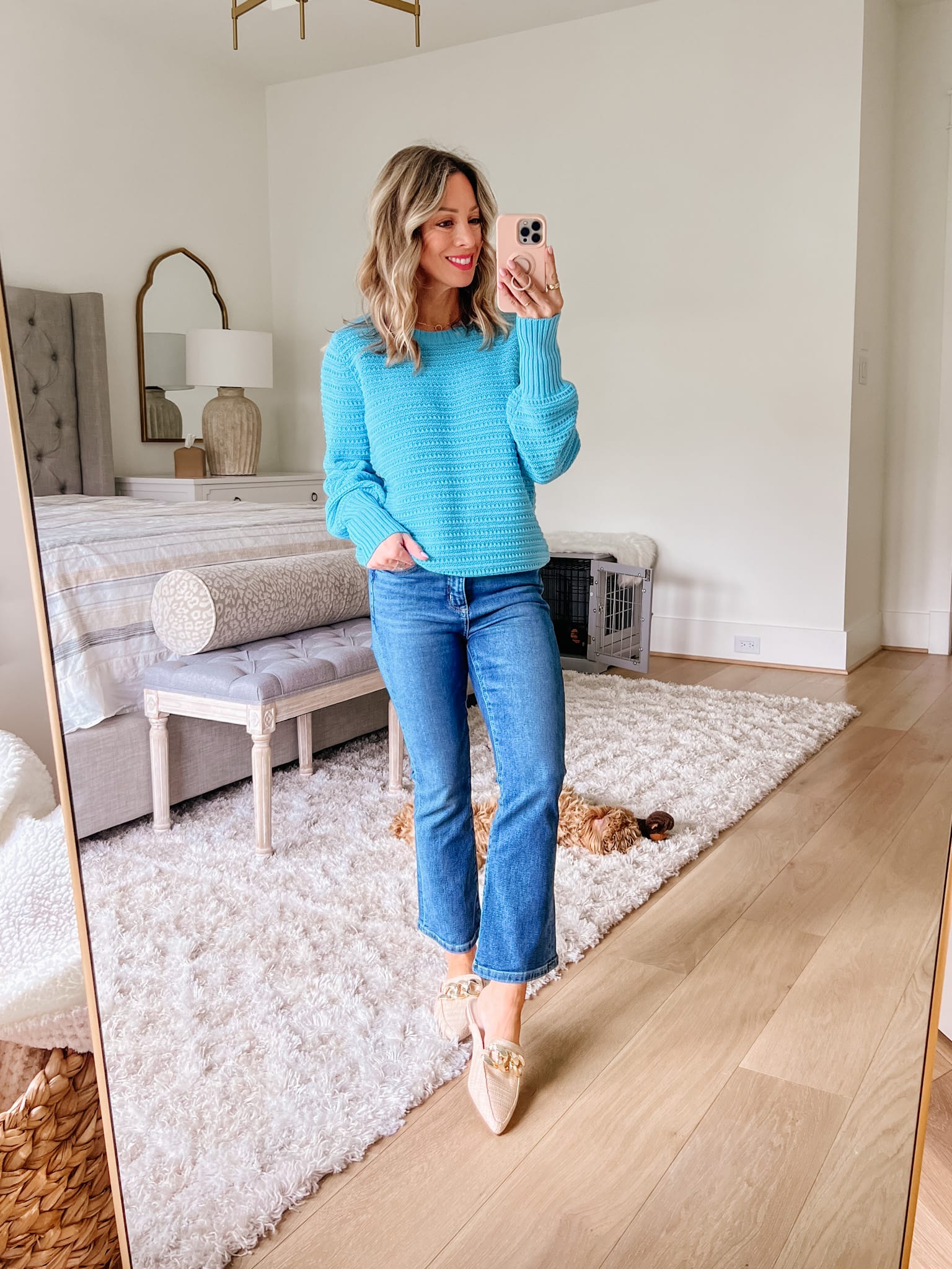 Blue Sweater, Jeans, Mules 