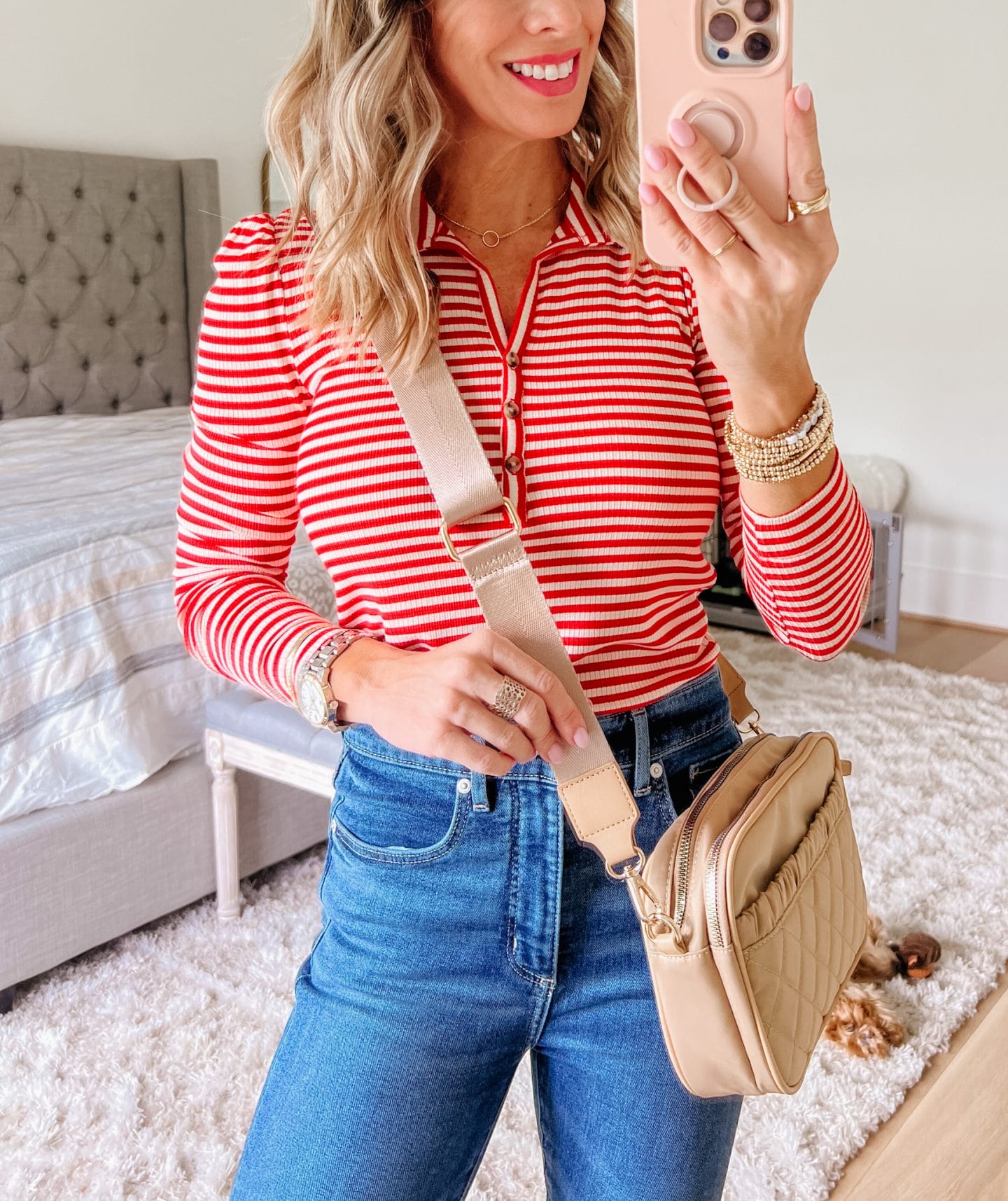 Striped Top, jeans, Wedges, Crossbody 