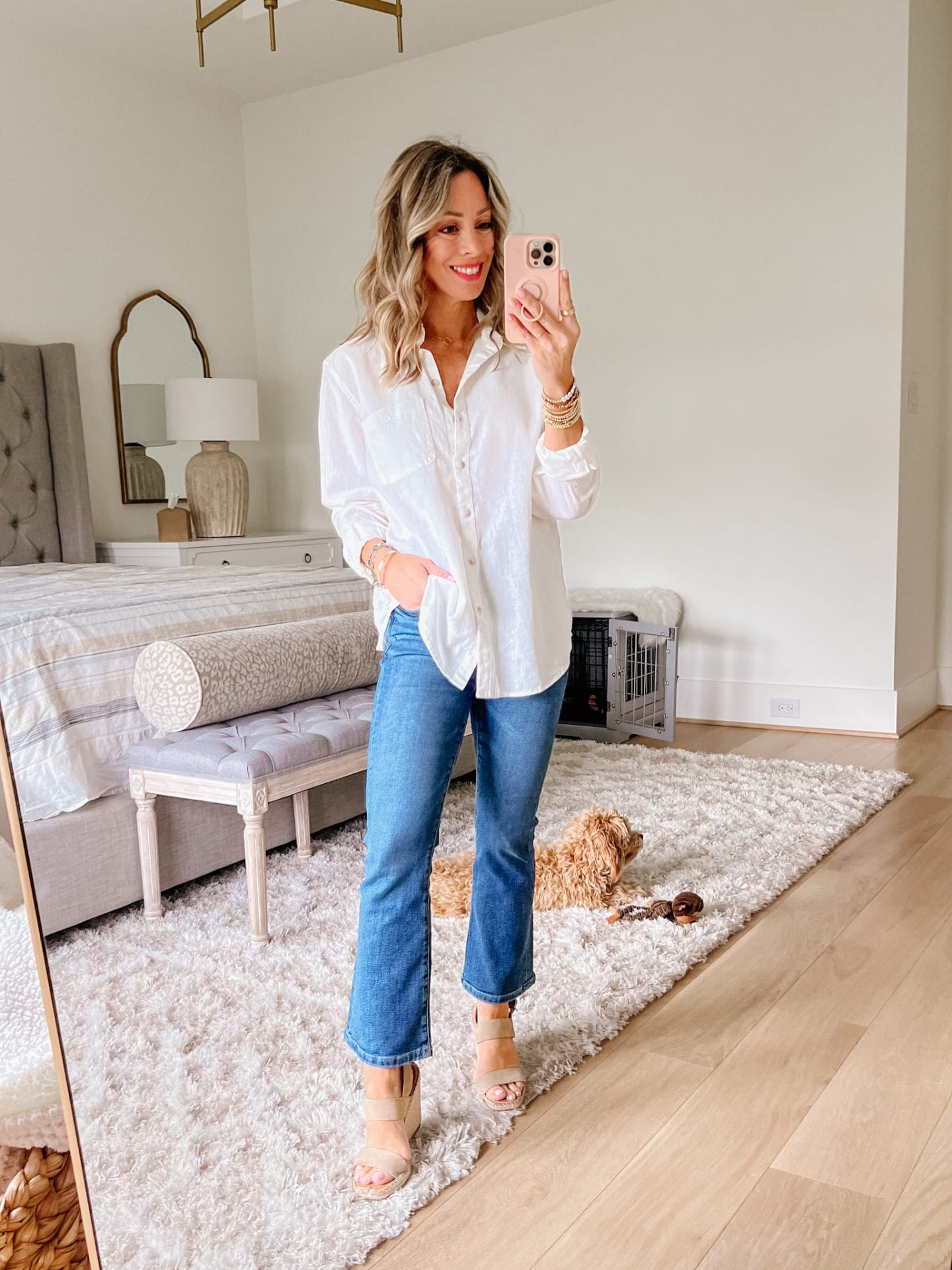 White Button Down Top, Jeans, Wedges 